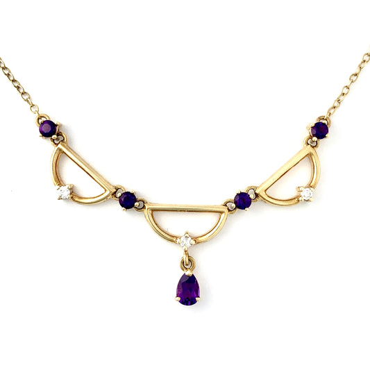 Vintage Amethyst and Diamond 9CT Gold Festoon Necklace
