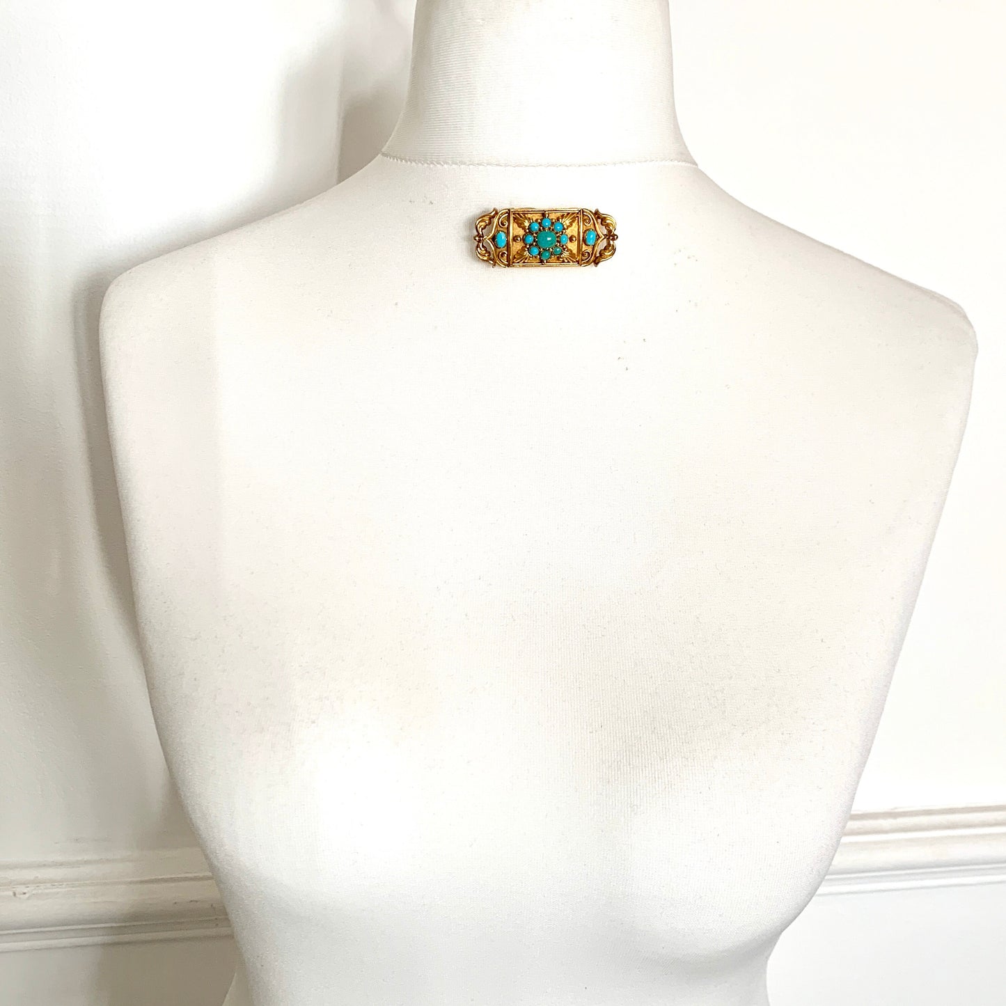Large Victorian 15CT Gold Turquoise Etruscan Revival Brooch