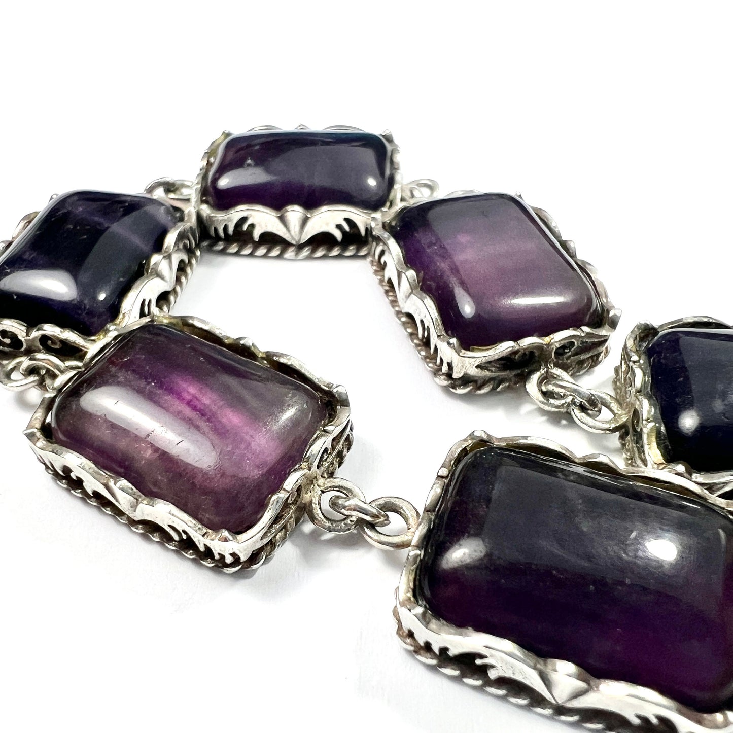 Vintage Chunky Fluorite Silver Panel Bracelet