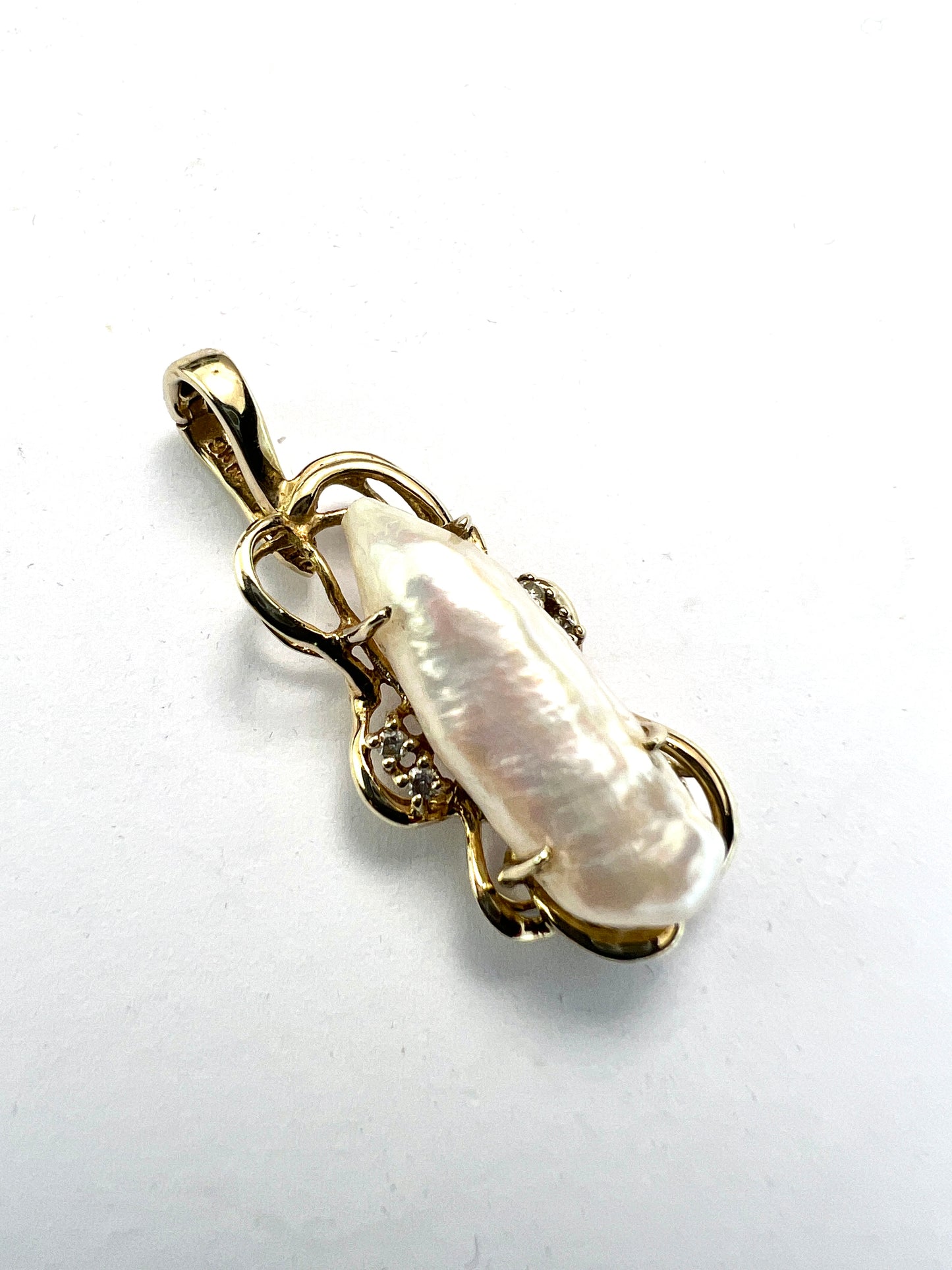 Art Nouveau Style Baroque Pearl and Diamond Gold Pendant