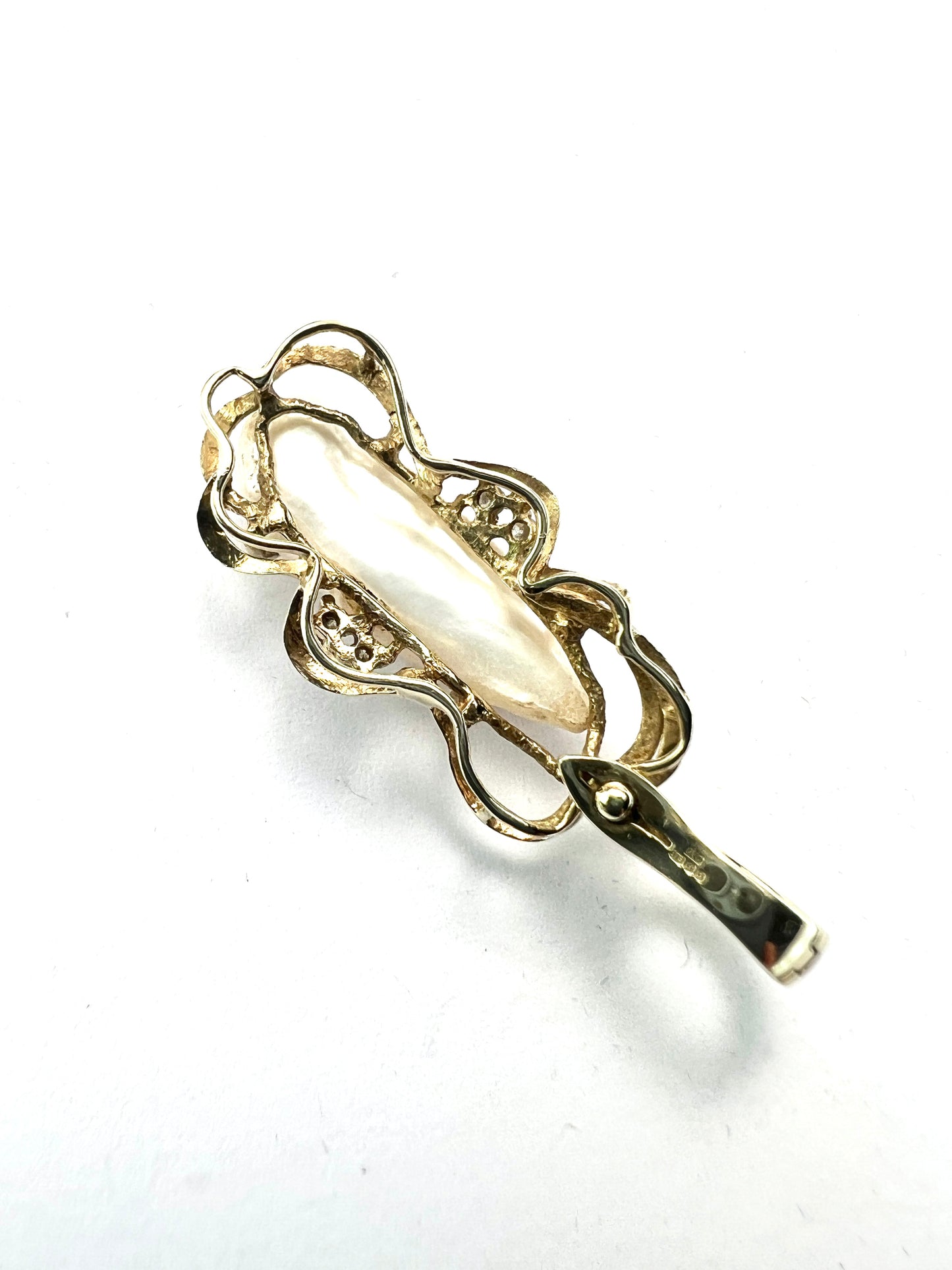 Art Nouveau Style Baroque Pearl and Diamond Gold Pendant