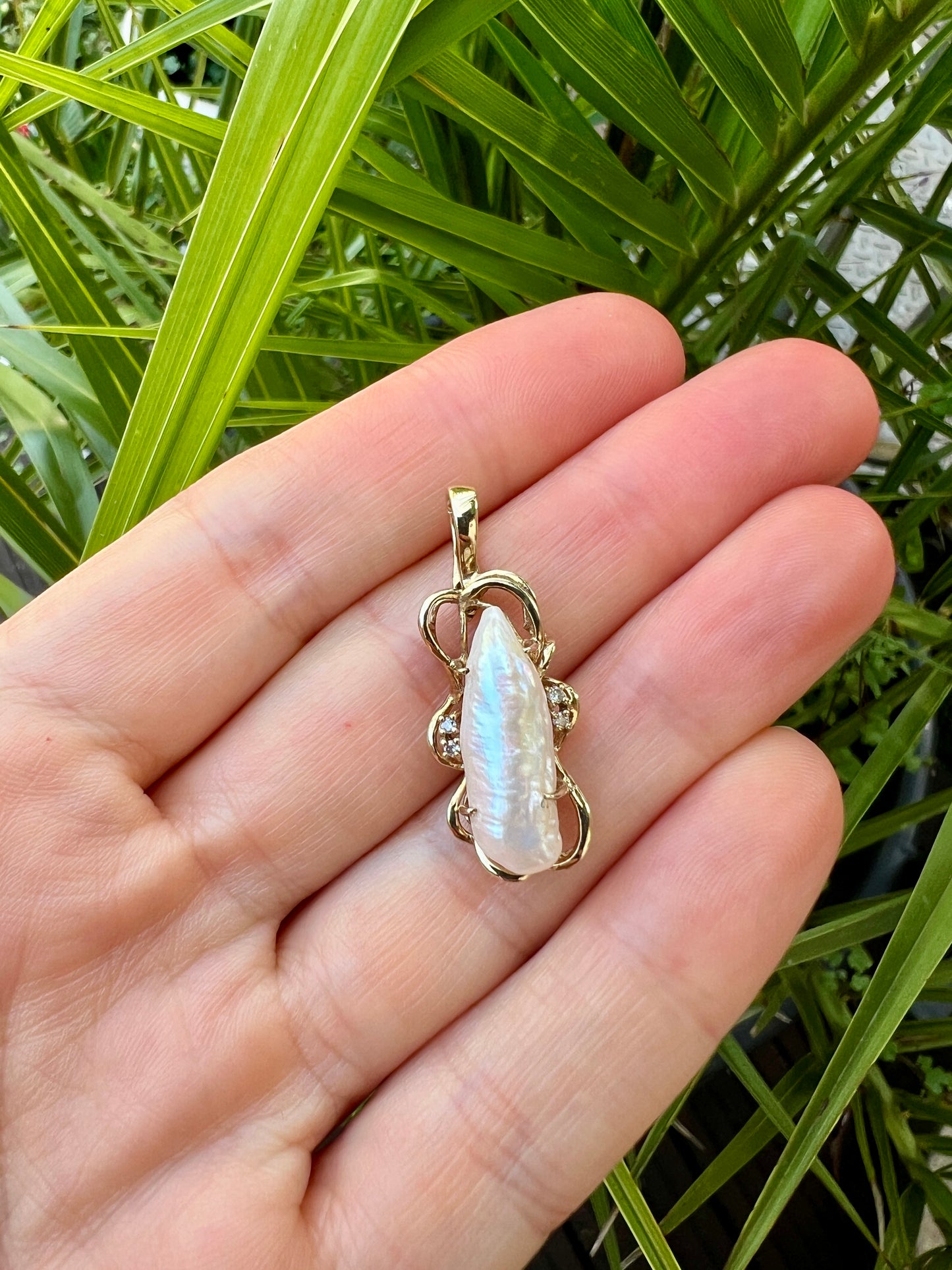 Art Nouveau Style Baroque Pearl and Diamond Gold Pendant