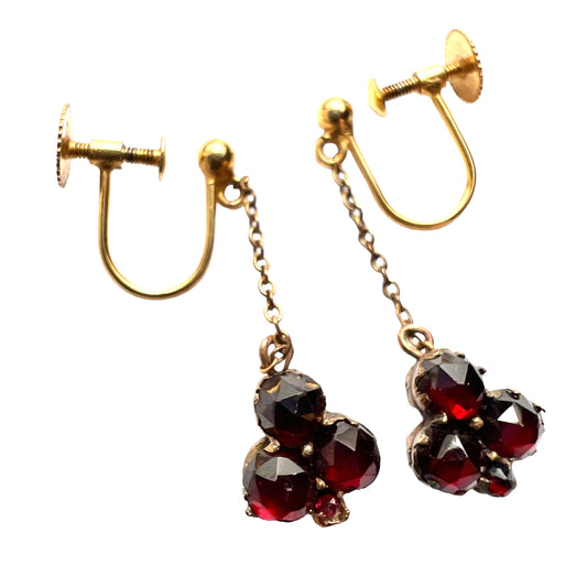 Victorian 9CT Gold Rose-cut Garnet Trefoil Earrings