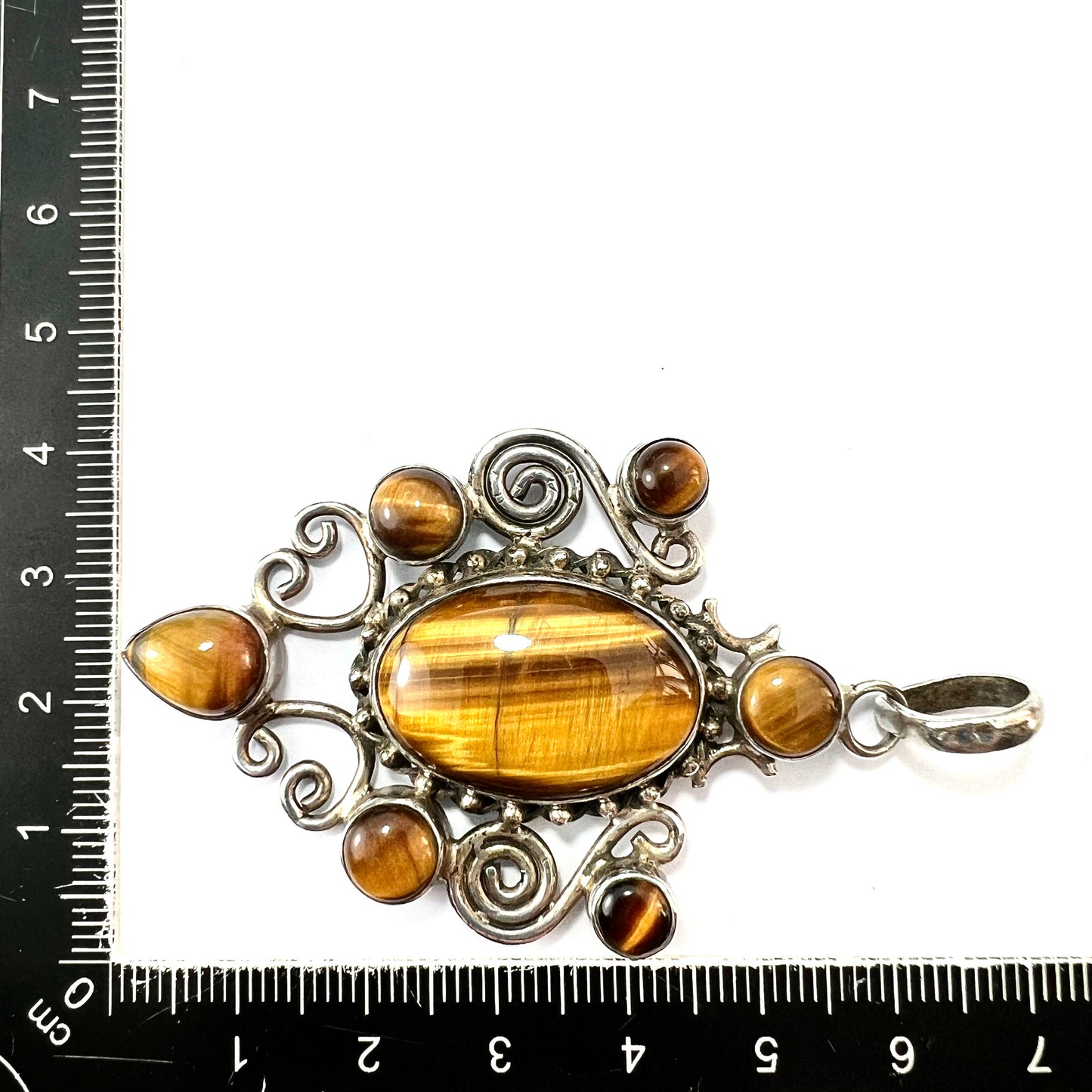 Large Vintage Tiger's Eye Modernist Sterling Silver Pendant