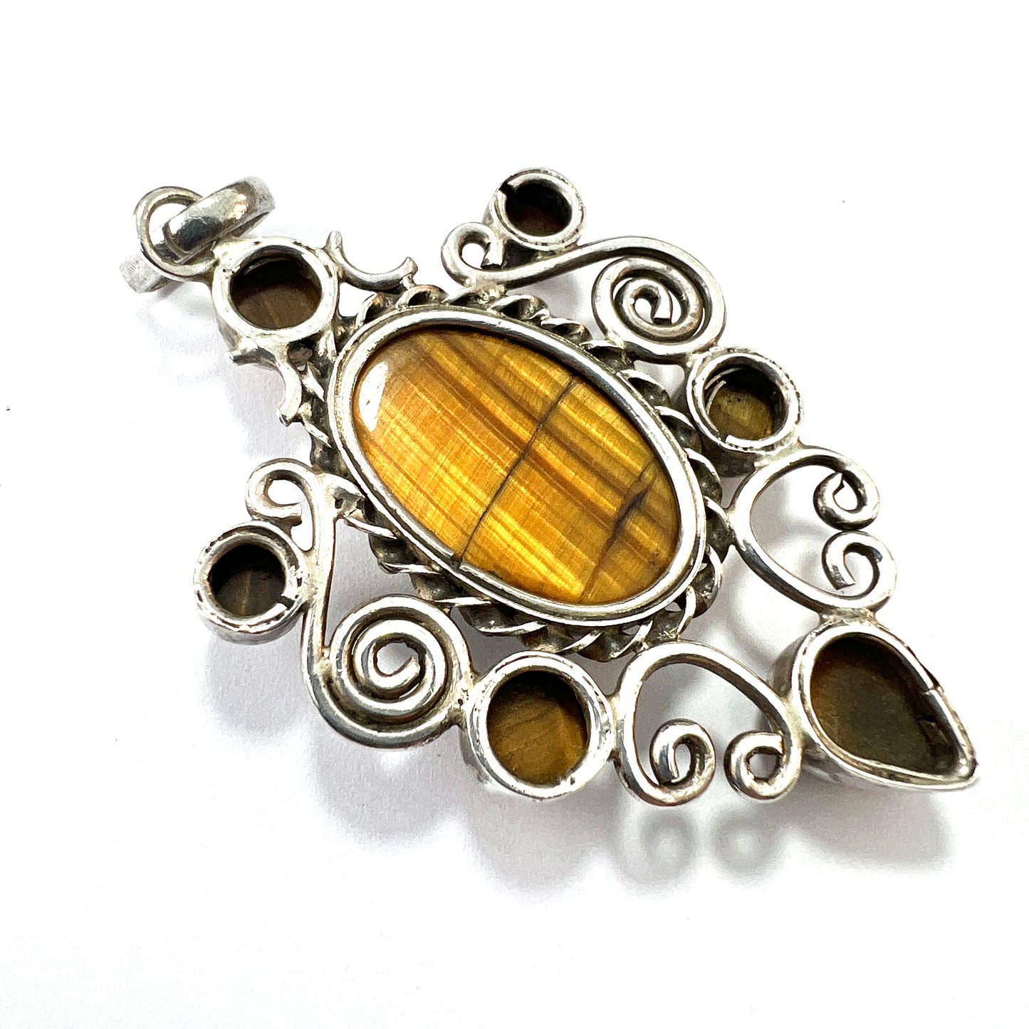 Large Vintage Tiger's Eye Modernist Sterling Silver Pendant