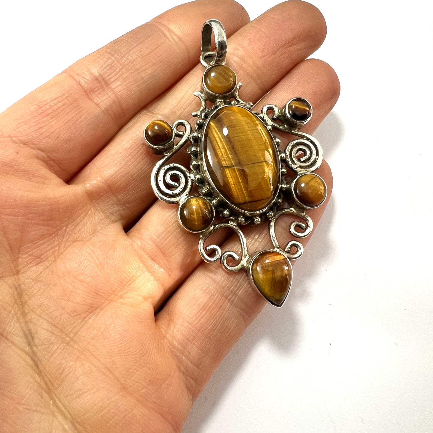 Large Vintage Tiger's Eye Modernist Sterling Silver Pendant