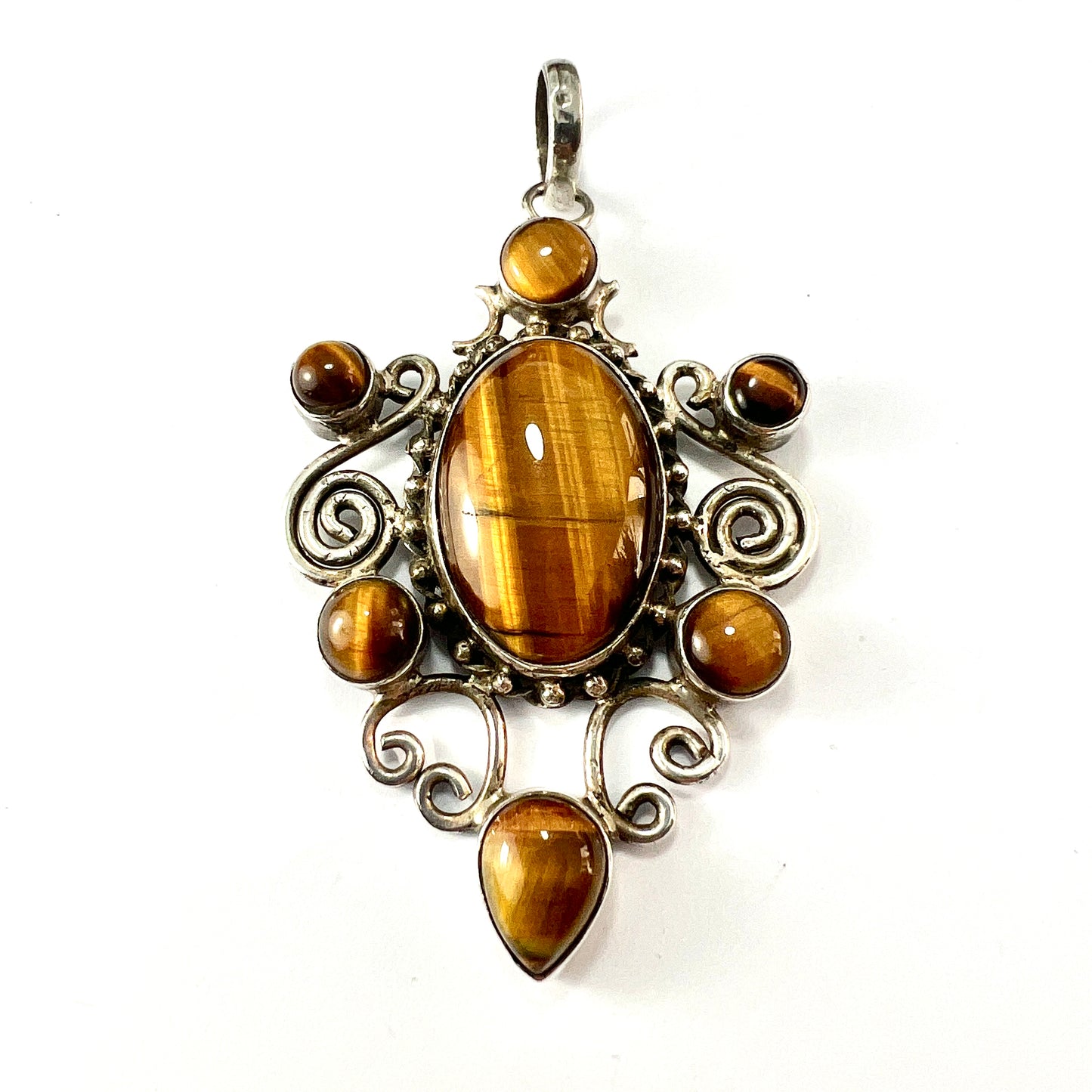 Large Vintage Tiger's Eye Modernist Sterling Silver Pendant