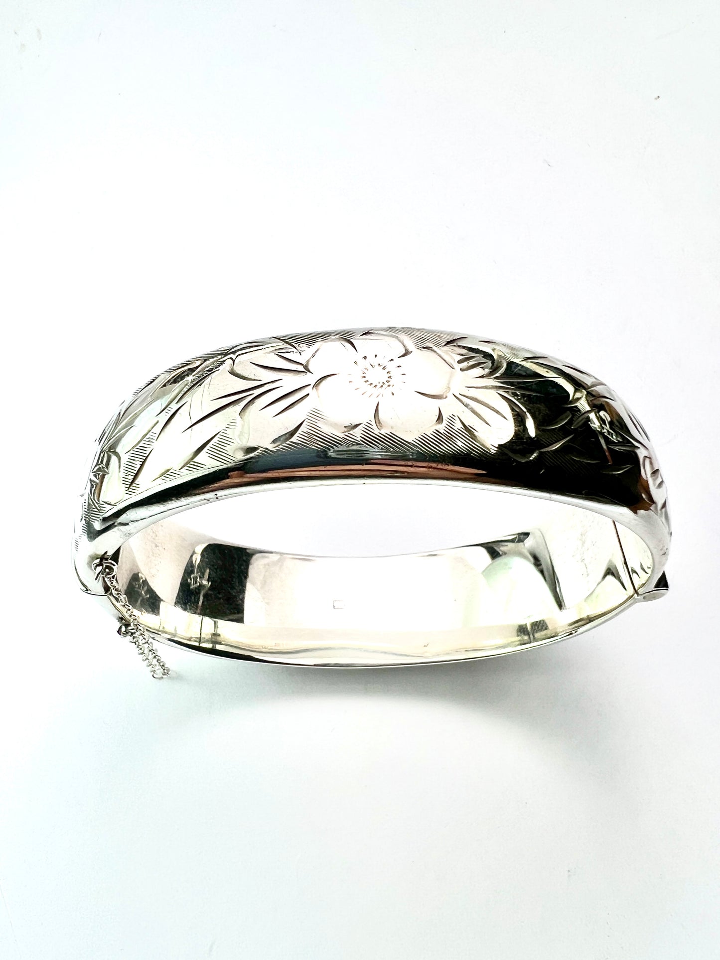 Vintage Sterling Silver Floral Hinged Bangle