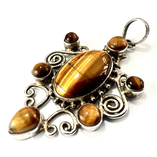 Large Vintage Tiger's Eye Modernist Sterling Silver Pendant