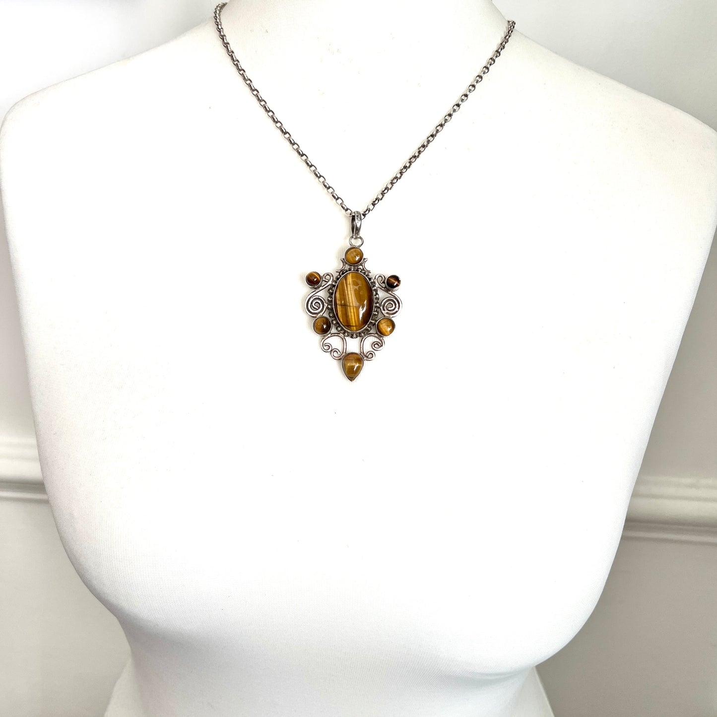 Large Vintage Tiger's Eye Modernist Sterling Silver Pendant