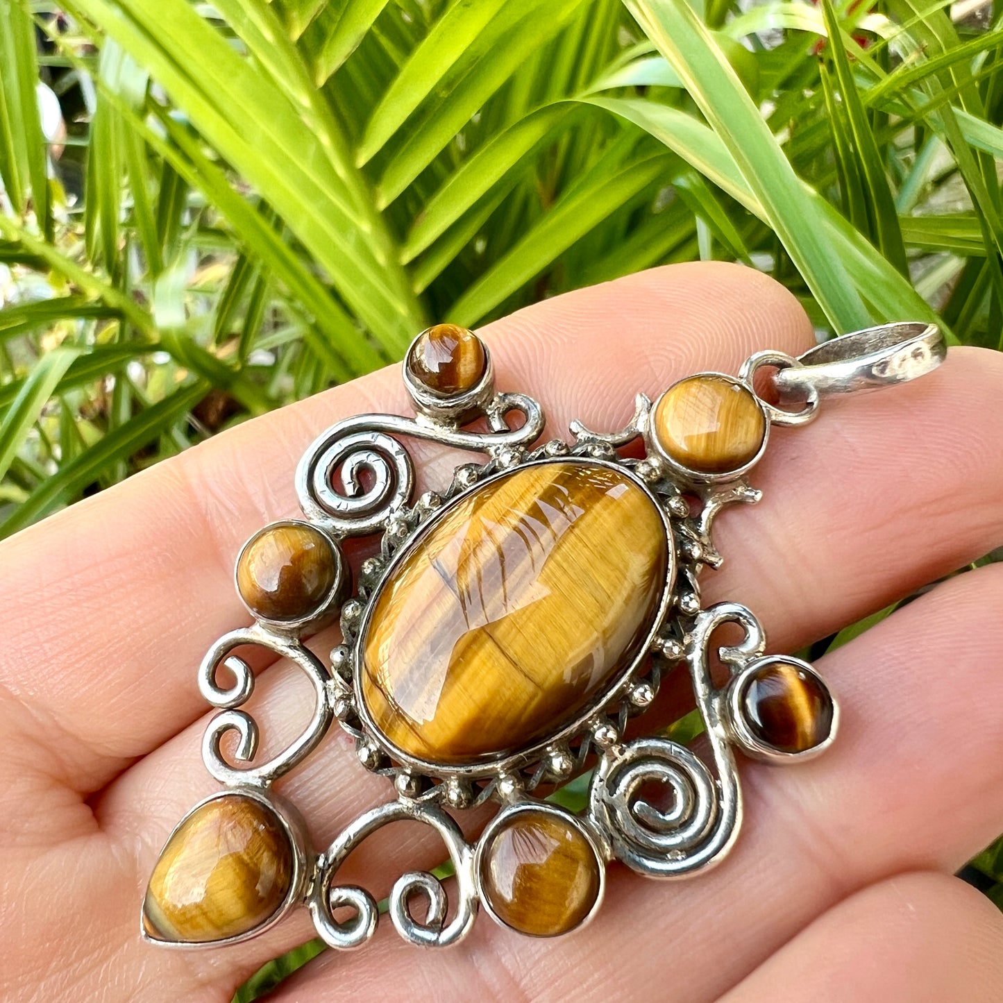 Large Vintage Tiger's Eye Modernist Sterling Silver Pendant