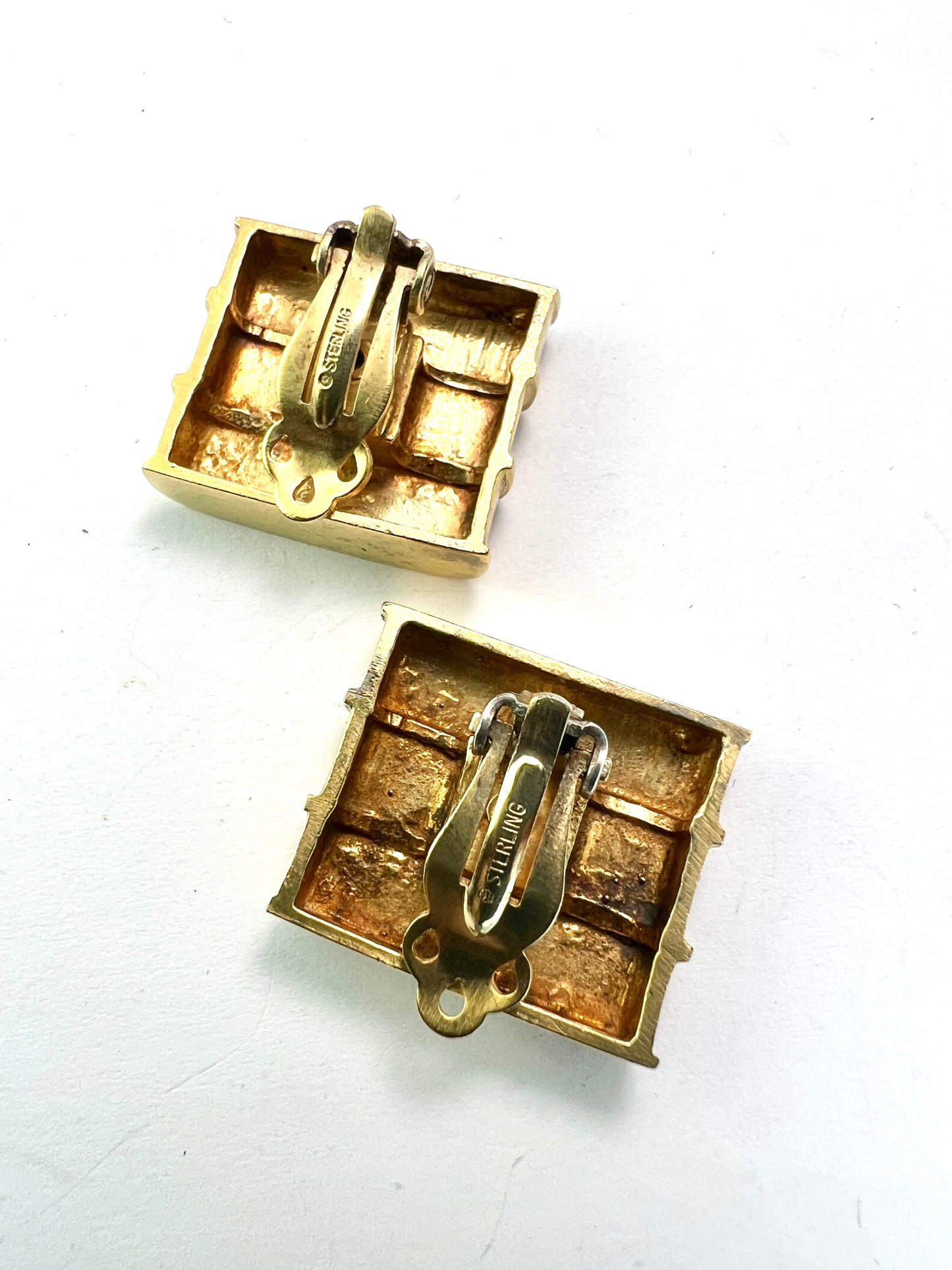 Chunky Vintage Retro Moonstone Silver Gilt Clip-on Earrings