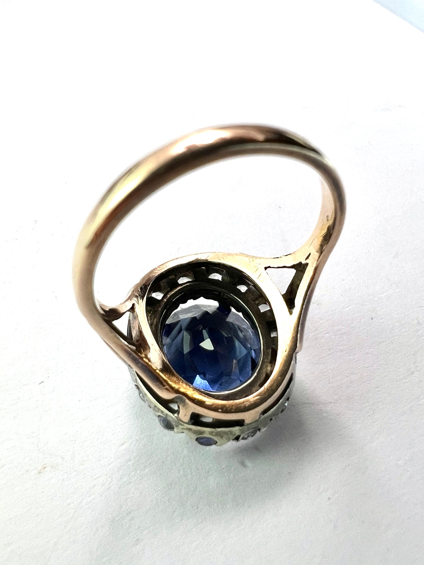 Antique Sapphire Gold and Silver Halo Ring