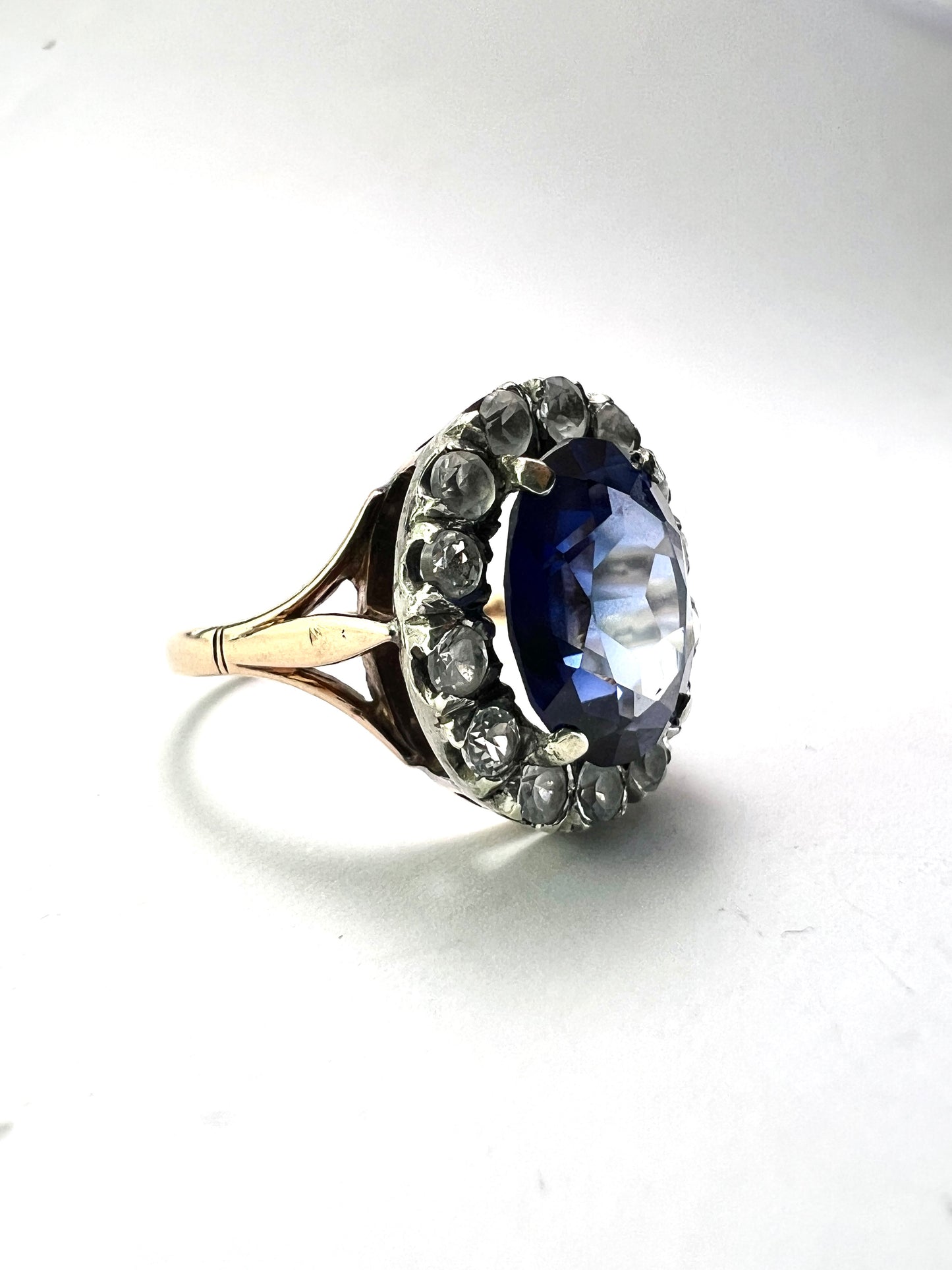 Antique Sapphire Gold and Silver Halo Ring