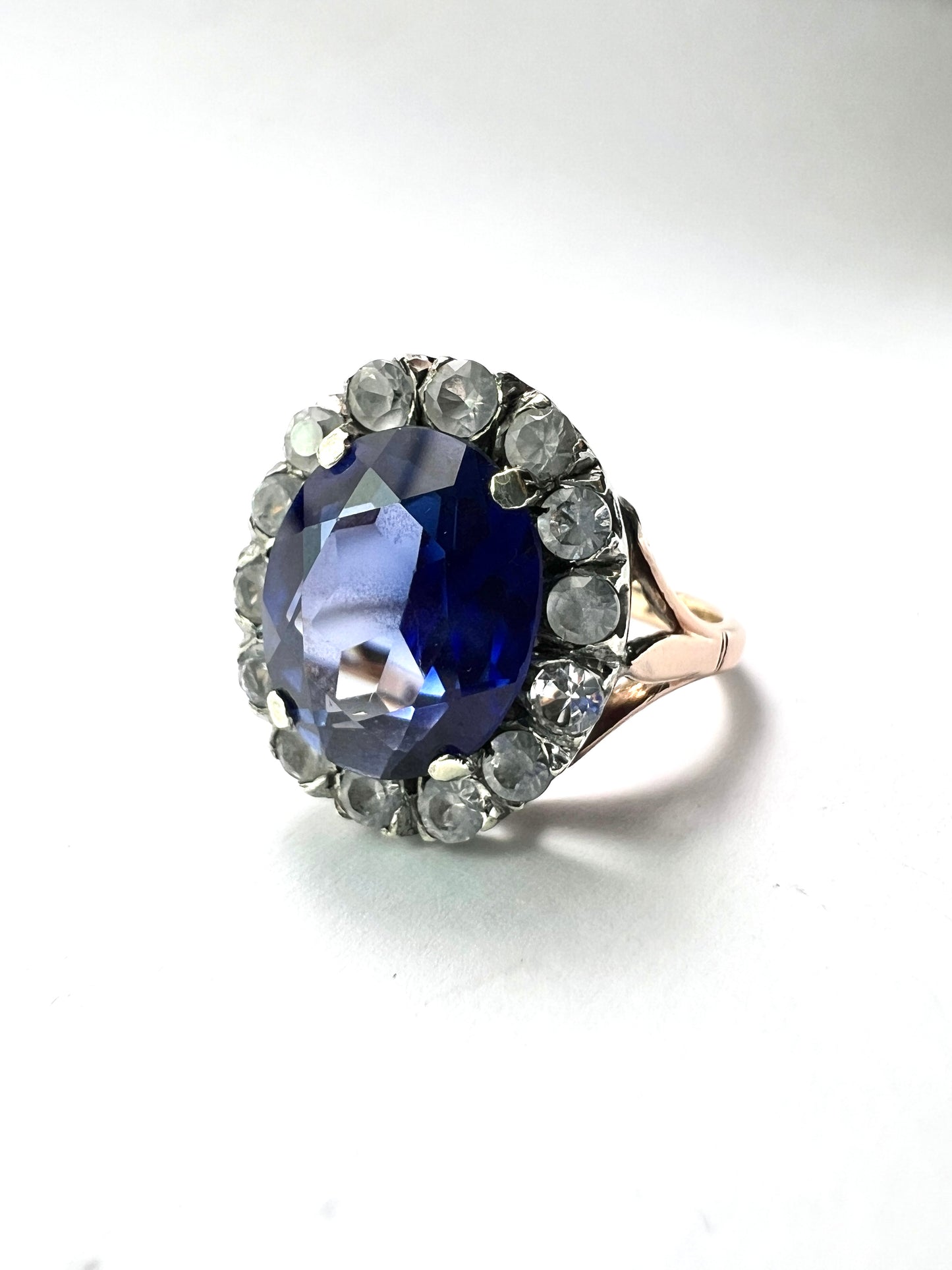 Antique Sapphire Gold and Silver Halo Ring