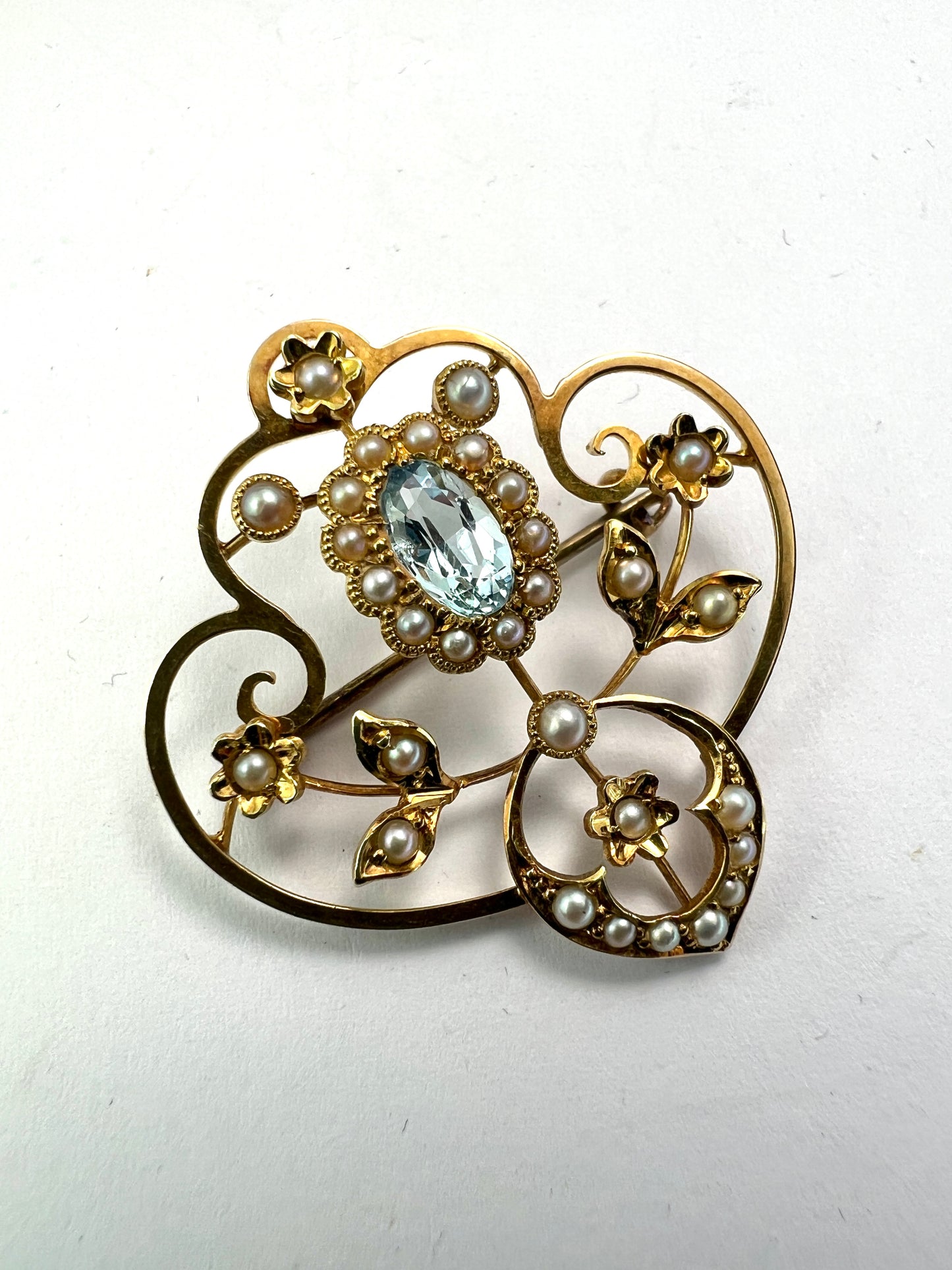 Edwardian 15CT Gold Aquamarine Pearl Brooch