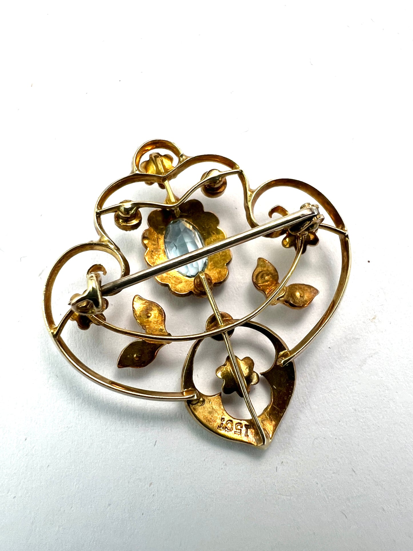 Edwardian 15CT Gold Aquamarine Pearl Brooch