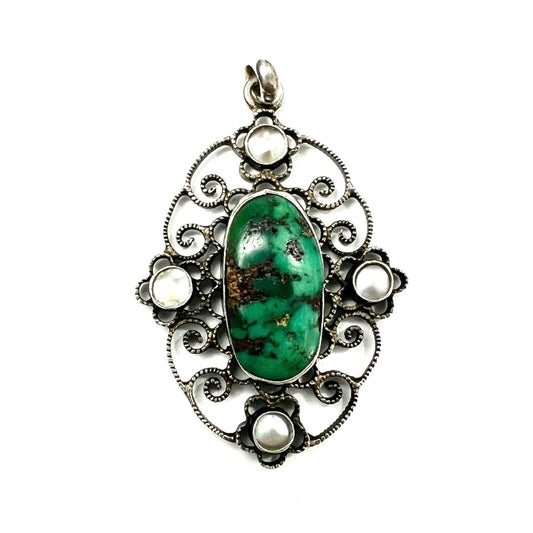 Arts and Crafts Turquoise Matrix Pearl Silver Filigree Pendant