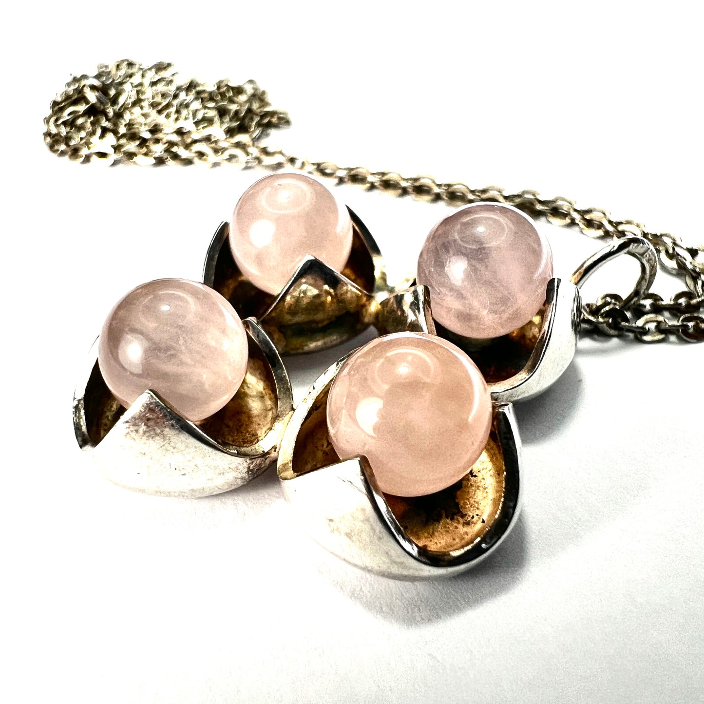 Vintage Kultaseppa Salovaara Rose Quartz Modernist Silver Necklace