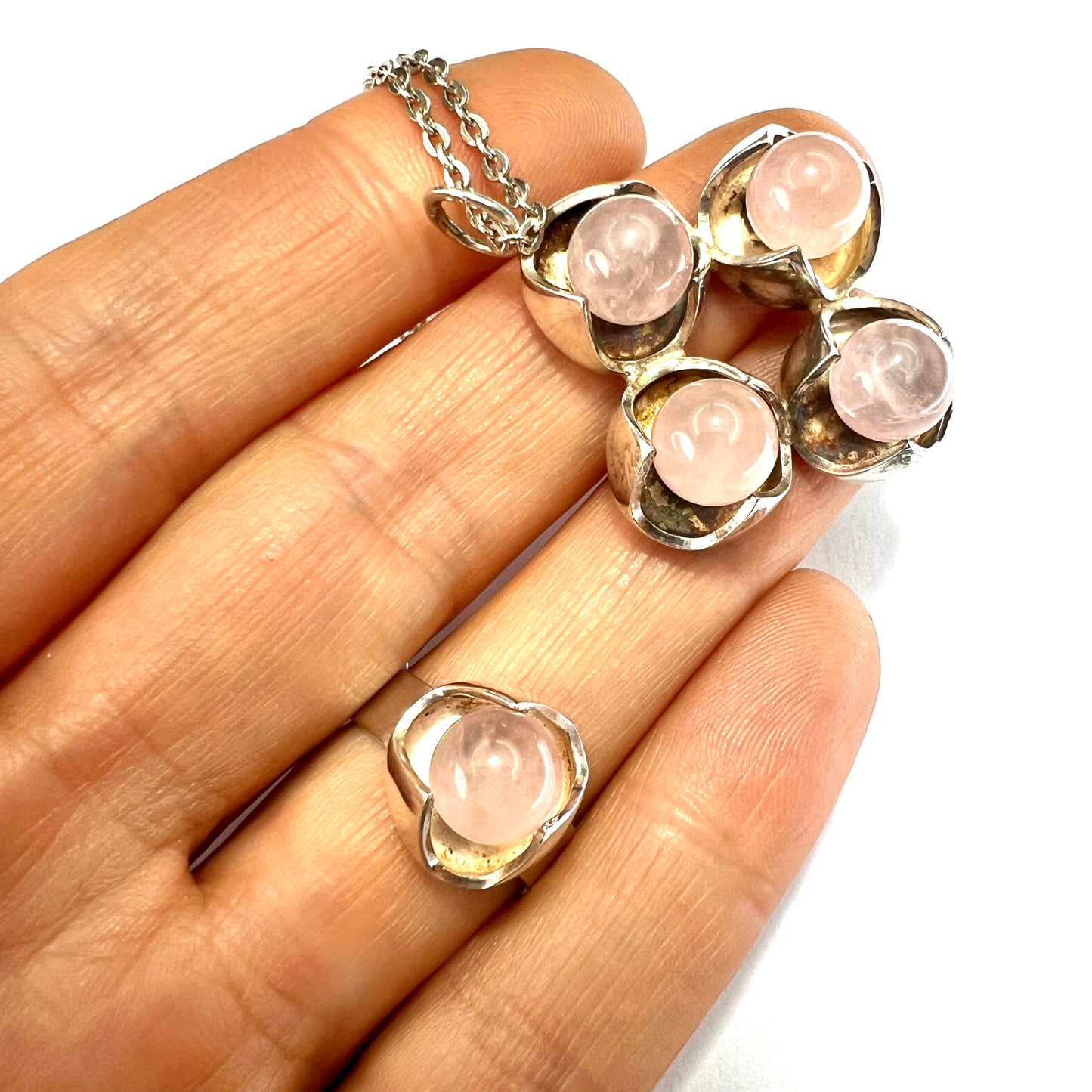 Vintage Kultaseppa Salovaara Rose Quartz Modernist Silver Necklace