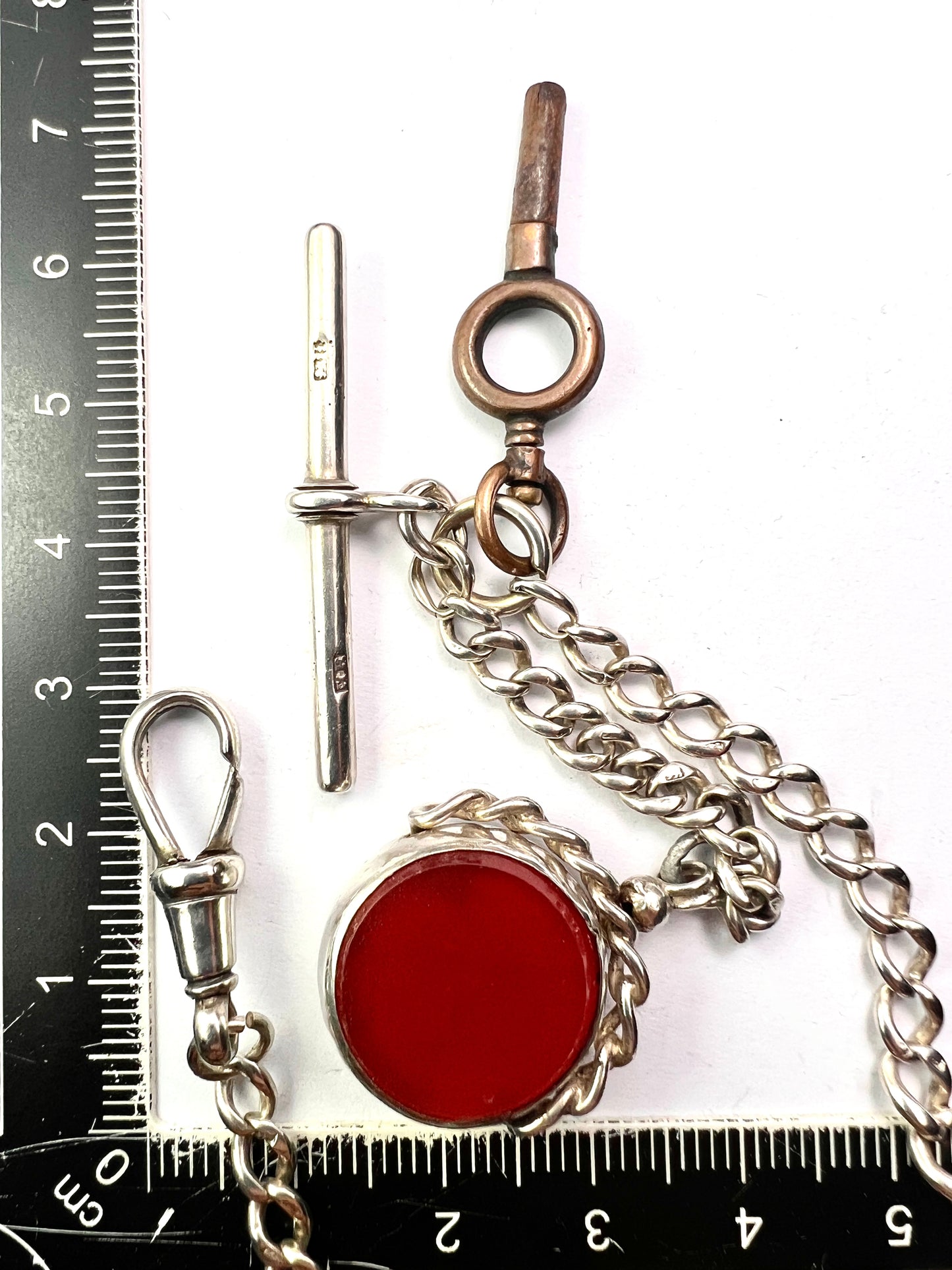 Victorian Silver Albert Watch Chain Necklace with T Bar, Key, Bloodstone Swivel Fob