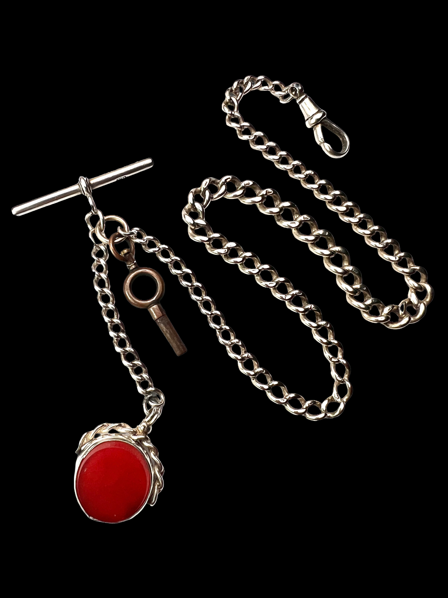 Victorian Silver Albert Watch Chain Necklace with T Bar, Key, Bloodstone Swivel Fob