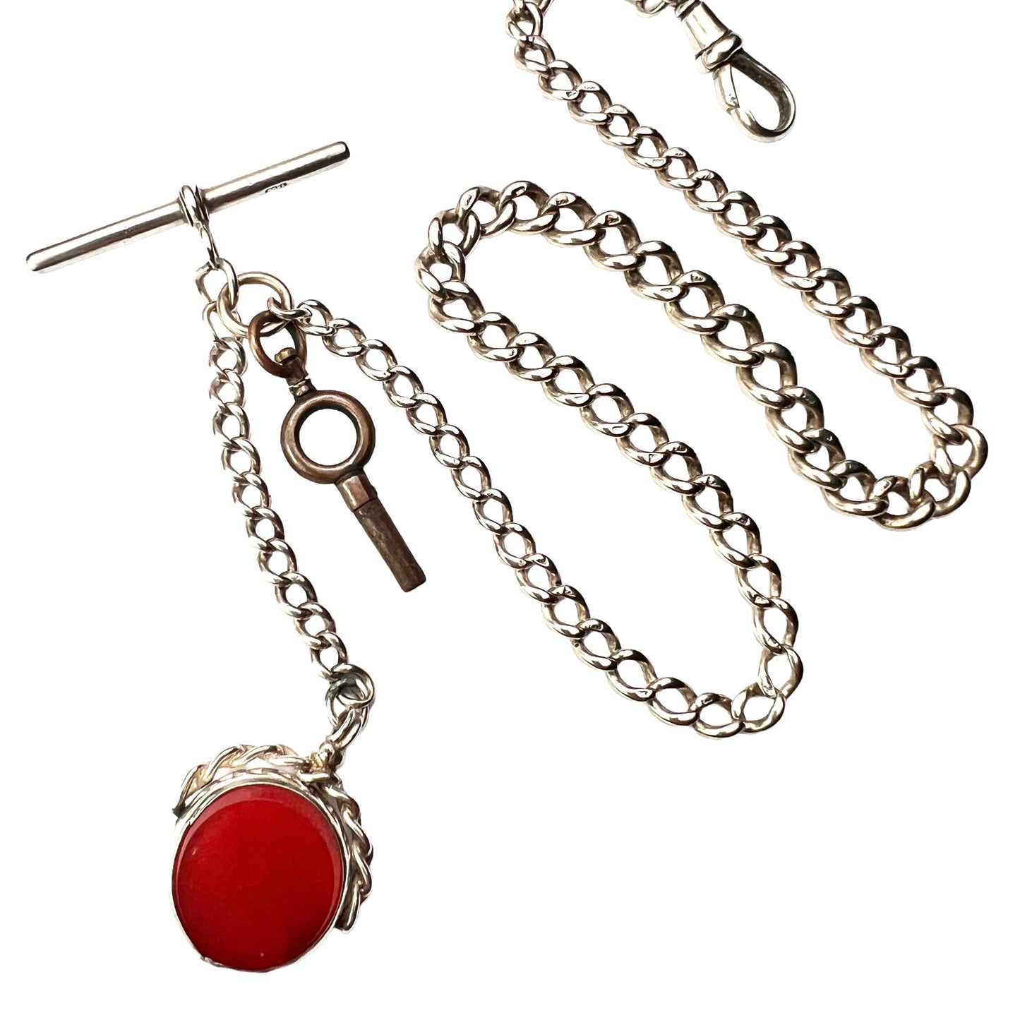 Victorian Silver Albert Watch Chain Necklace with T Bar, Key, Bloodstone Swivel Fob