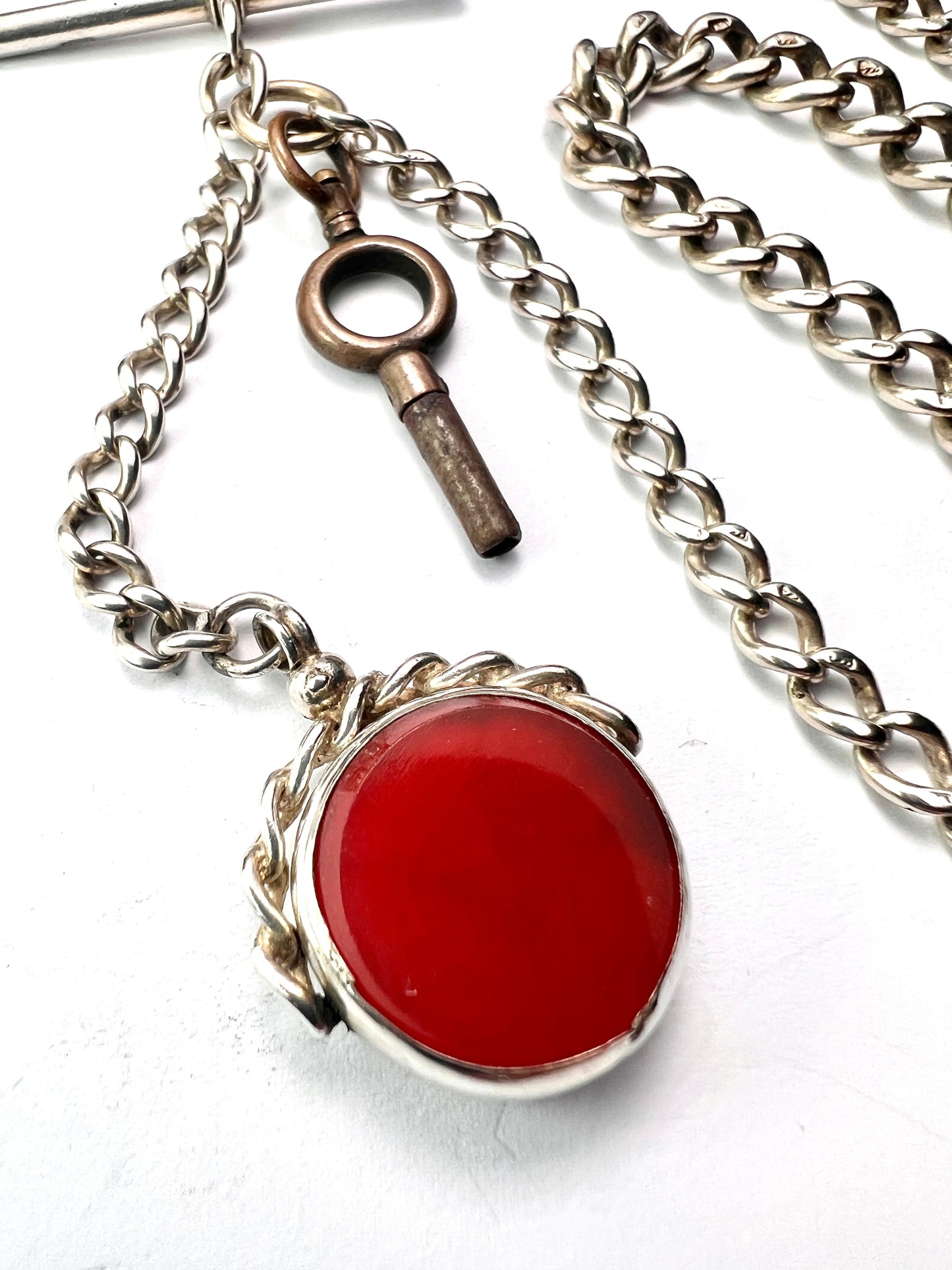 Victorian Silver Albert Watch Chain Necklace with T Bar, Key, Bloodstone Swivel Fob