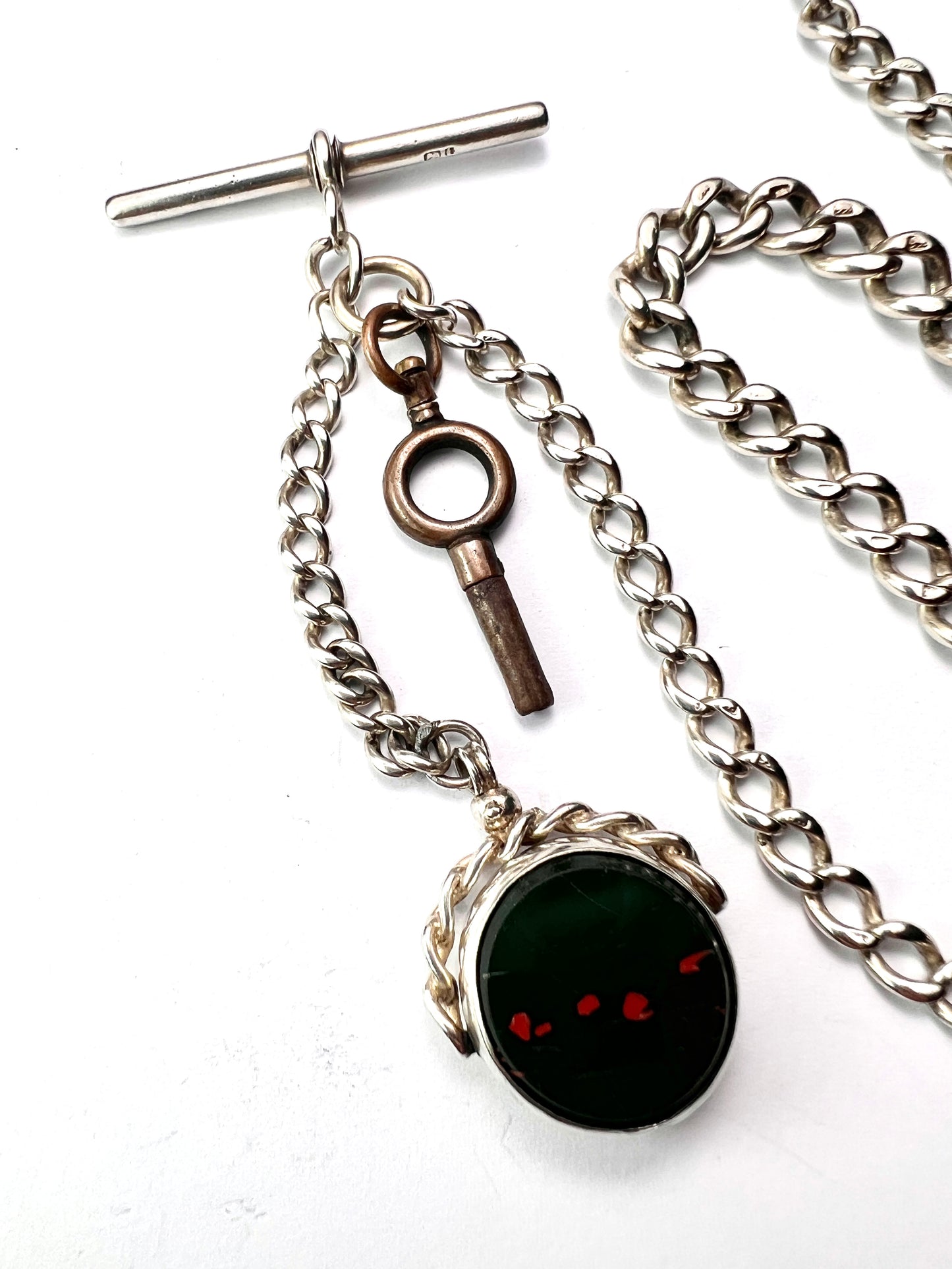 Victorian Silver Albert Watch Chain Necklace with T Bar, Key, Bloodstone Swivel Fob