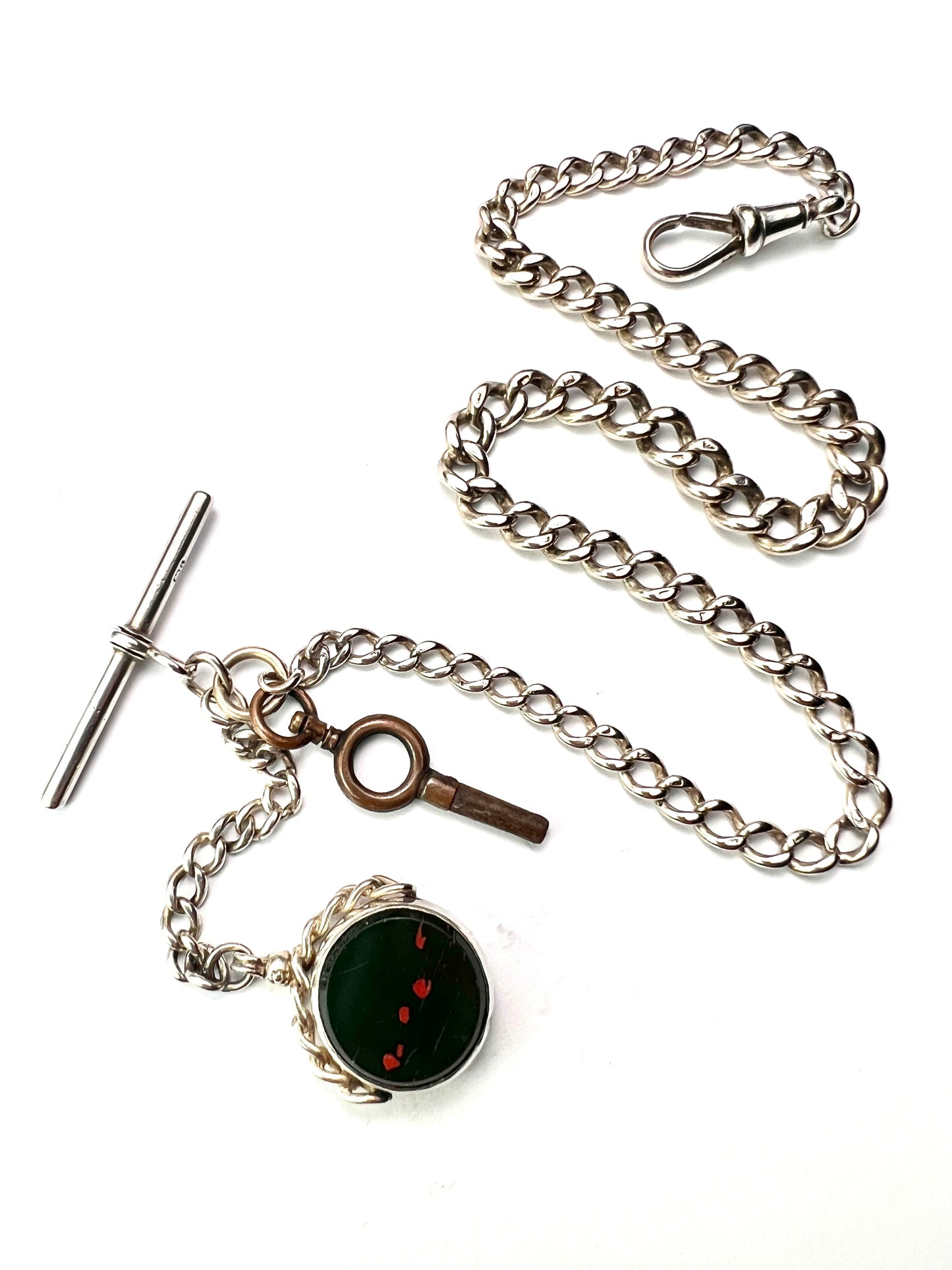 Victorian Silver Albert Watch Chain Necklace with T Bar, Key, Bloodstone Swivel Fob