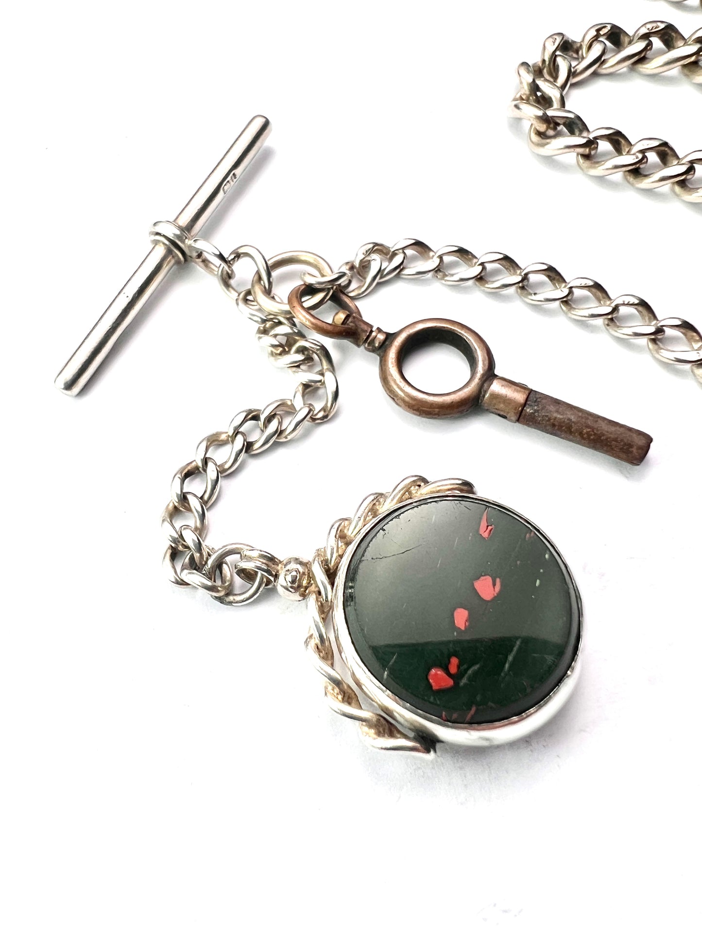 Victorian Silver Albert Watch Chain Necklace with T Bar, Key, Bloodstone Swivel Fob