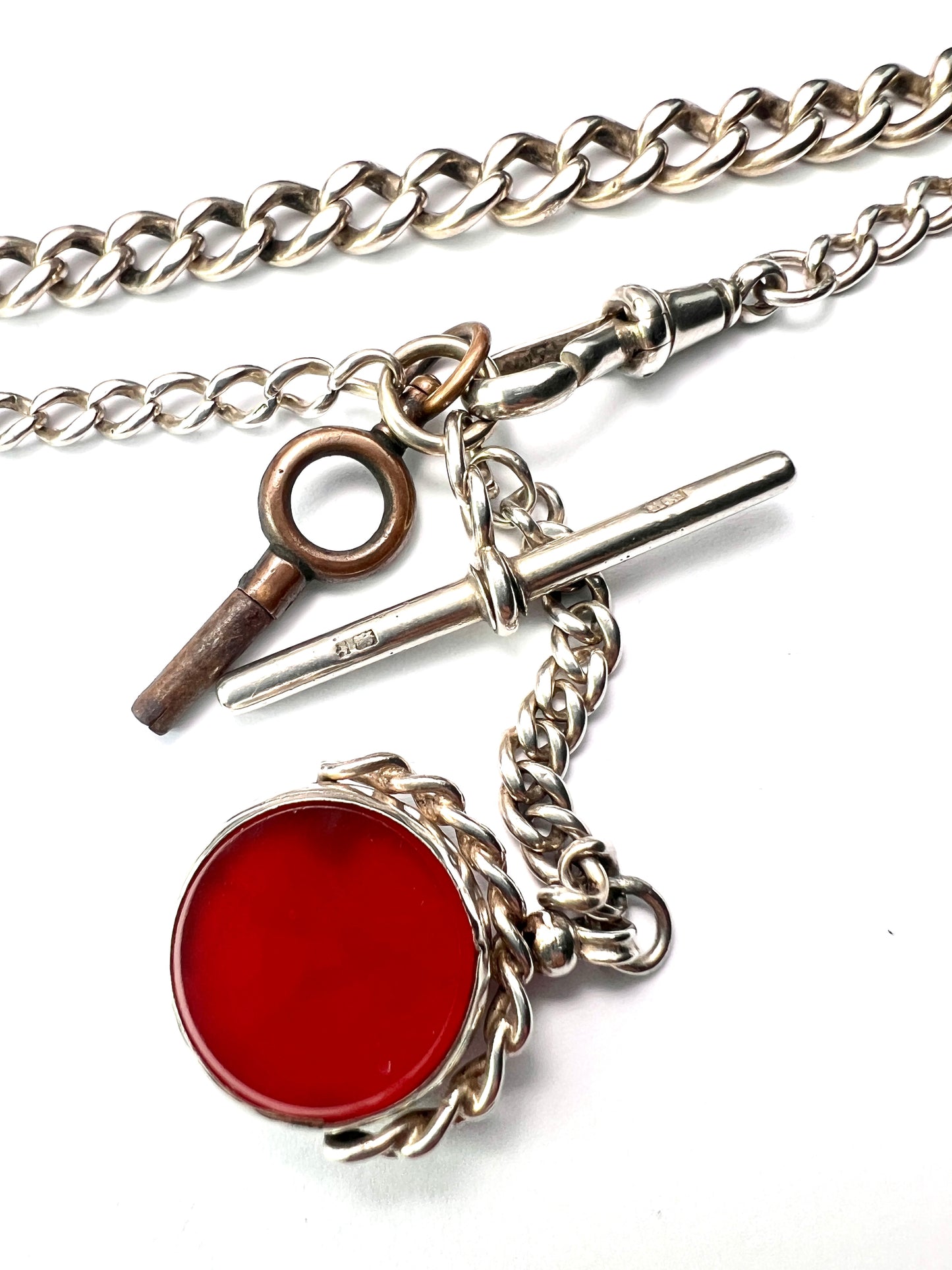 Victorian Silver Albert Watch Chain Necklace with T Bar, Key, Bloodstone Swivel Fob