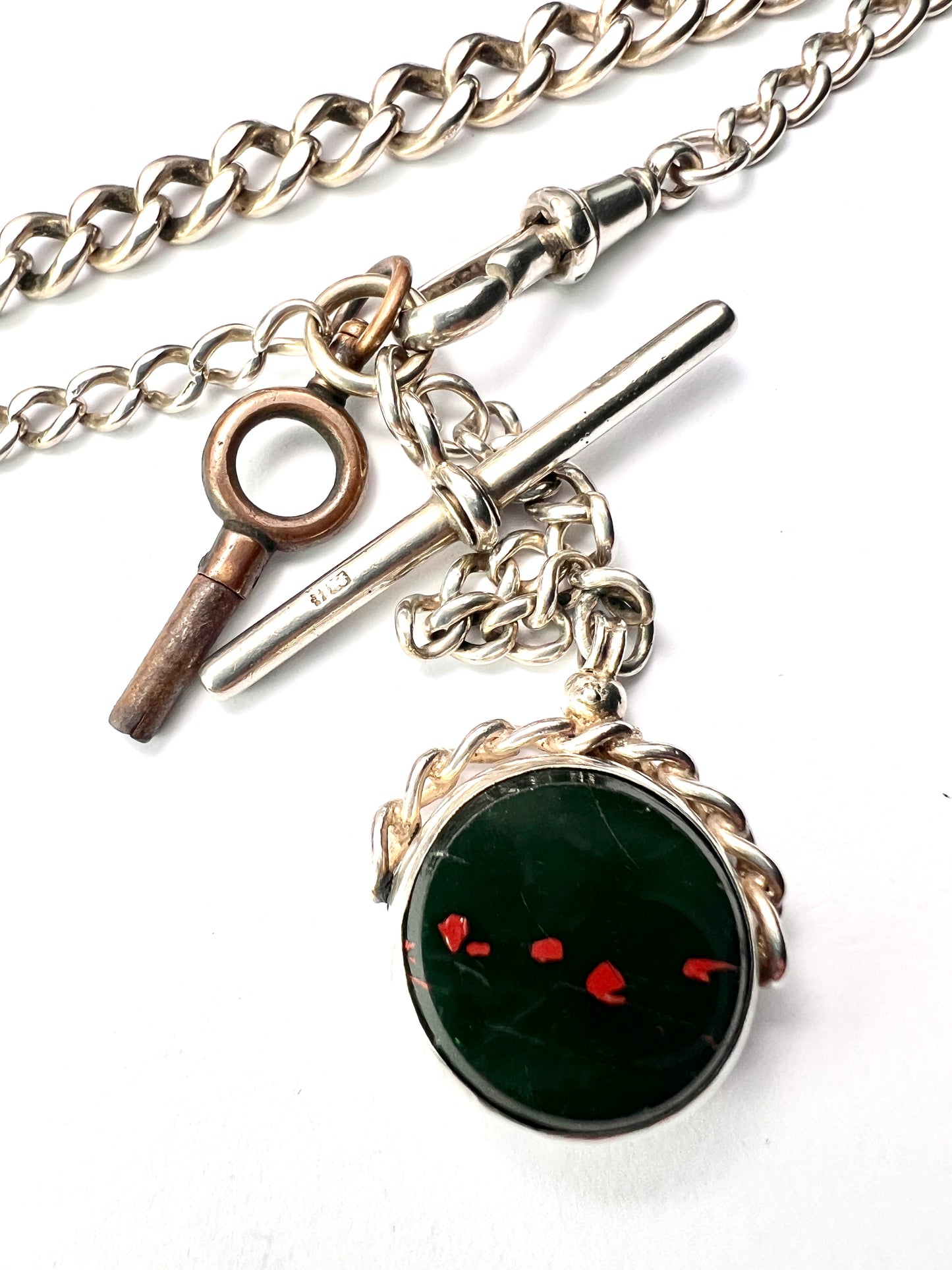 Victorian Silver Albert Watch Chain Necklace with T Bar, Key, Bloodstone Swivel Fob