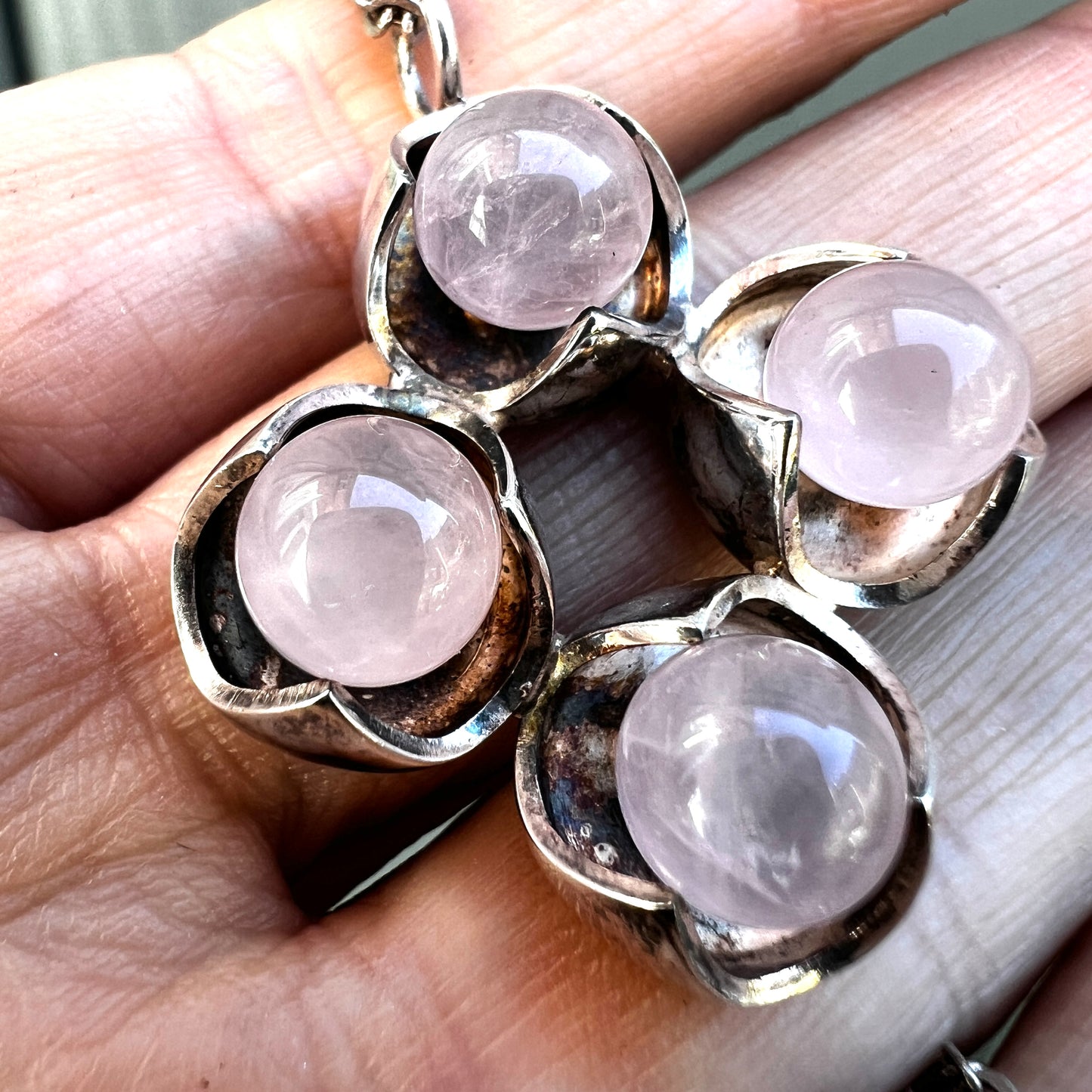 Vintage Kultaseppa Salovaara Rose Quartz Modernist Silver Necklace