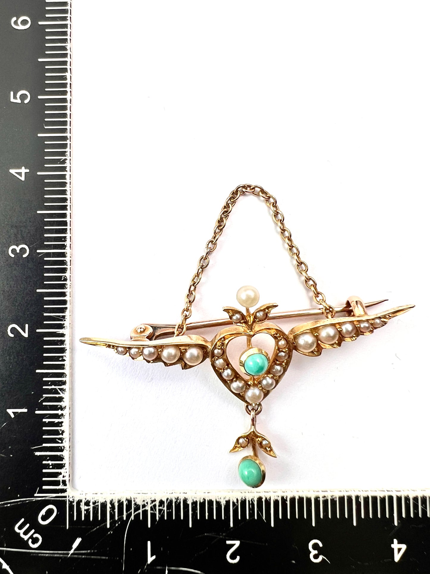 Edwardian 15CT Gold Turquoise Pearl Winged Heart Brooch