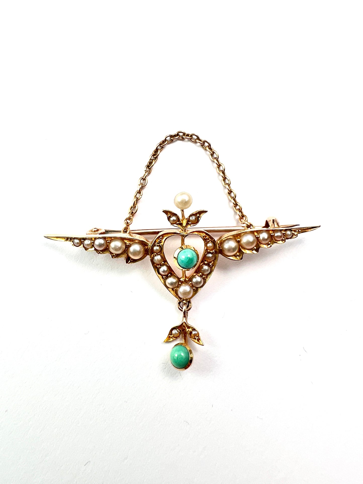Edwardian 15CT Gold Turquoise Pearl Winged Heart Brooch