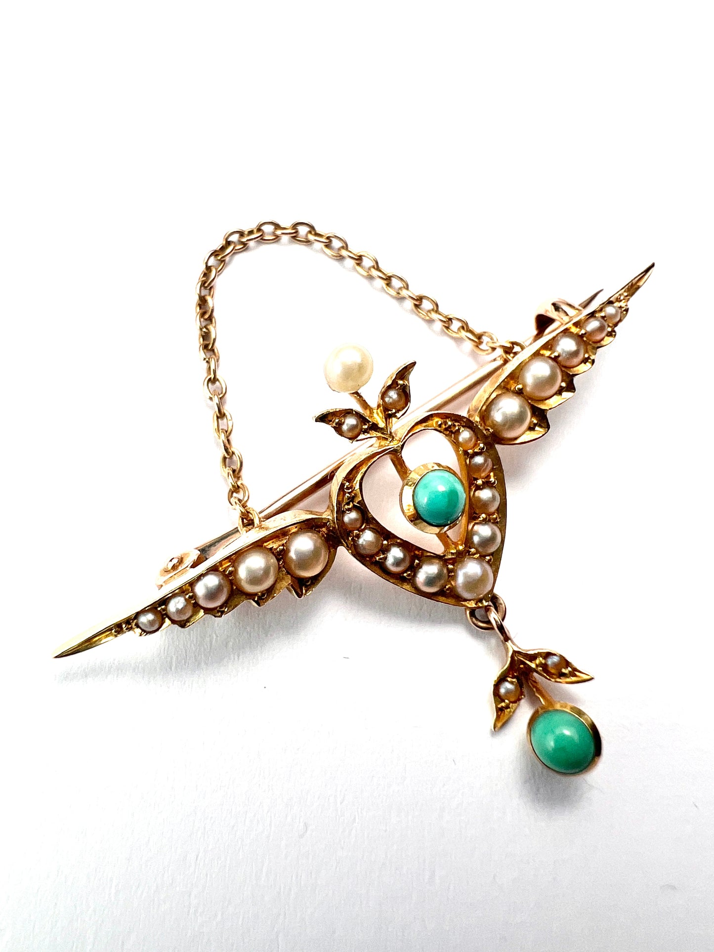 Edwardian 15CT Gold Turquoise Pearl Winged Heart Brooch