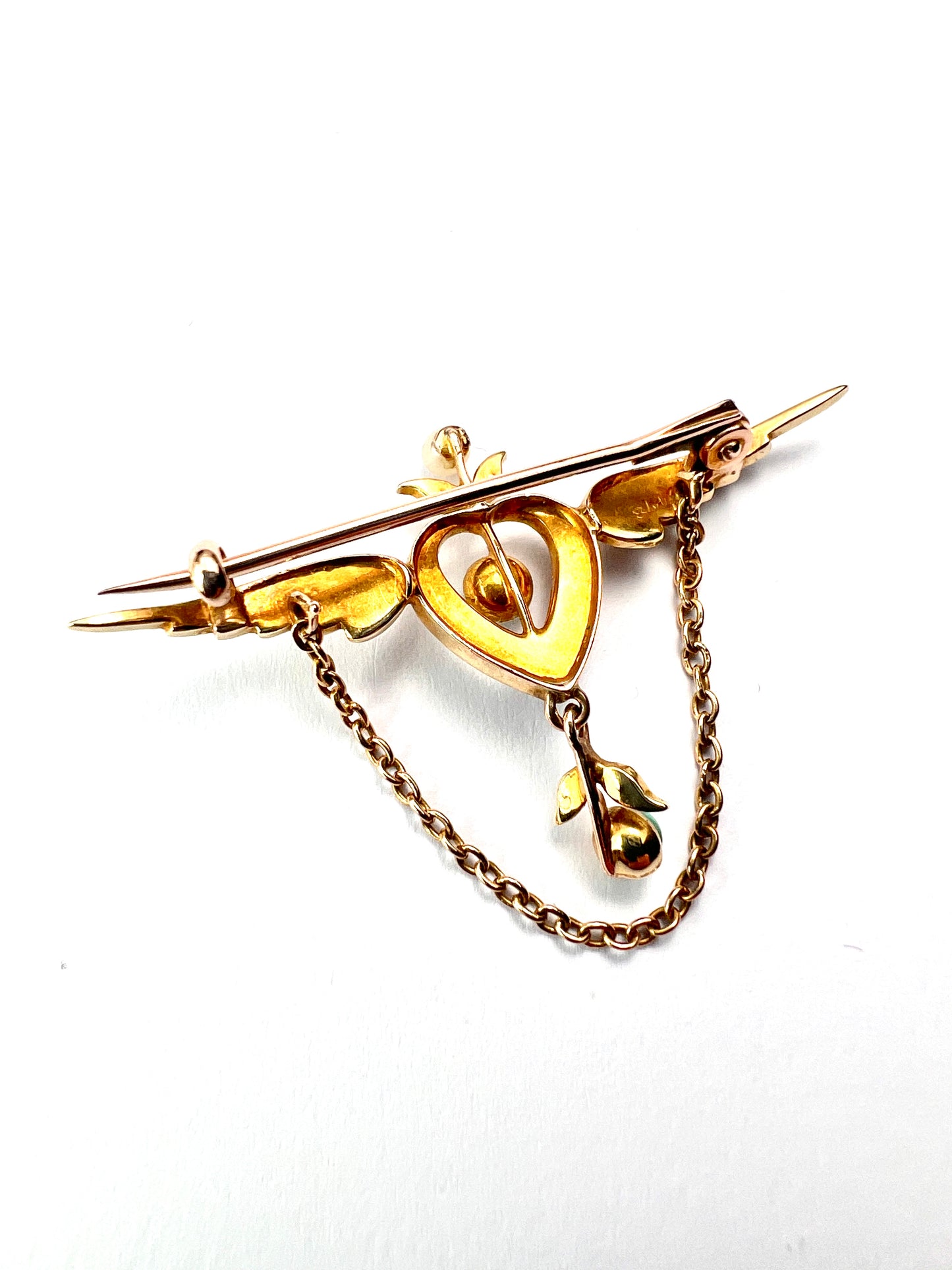 Edwardian 15CT Gold Turquoise Pearl Winged Heart Brooch