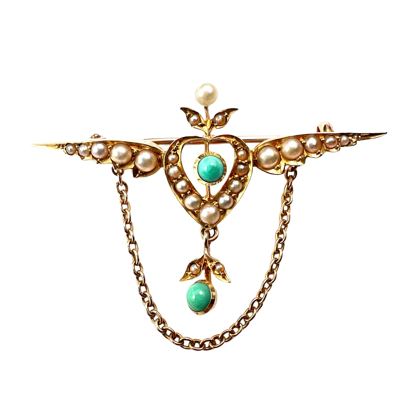 Edwardian 15CT Gold Turquoise Pearl Winged Heart Brooch