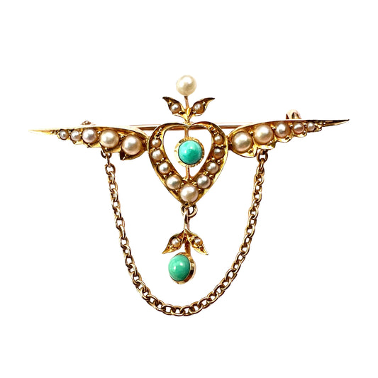 Edwardian 15CT Gold Turquoise Pearl Winged Heart Brooch