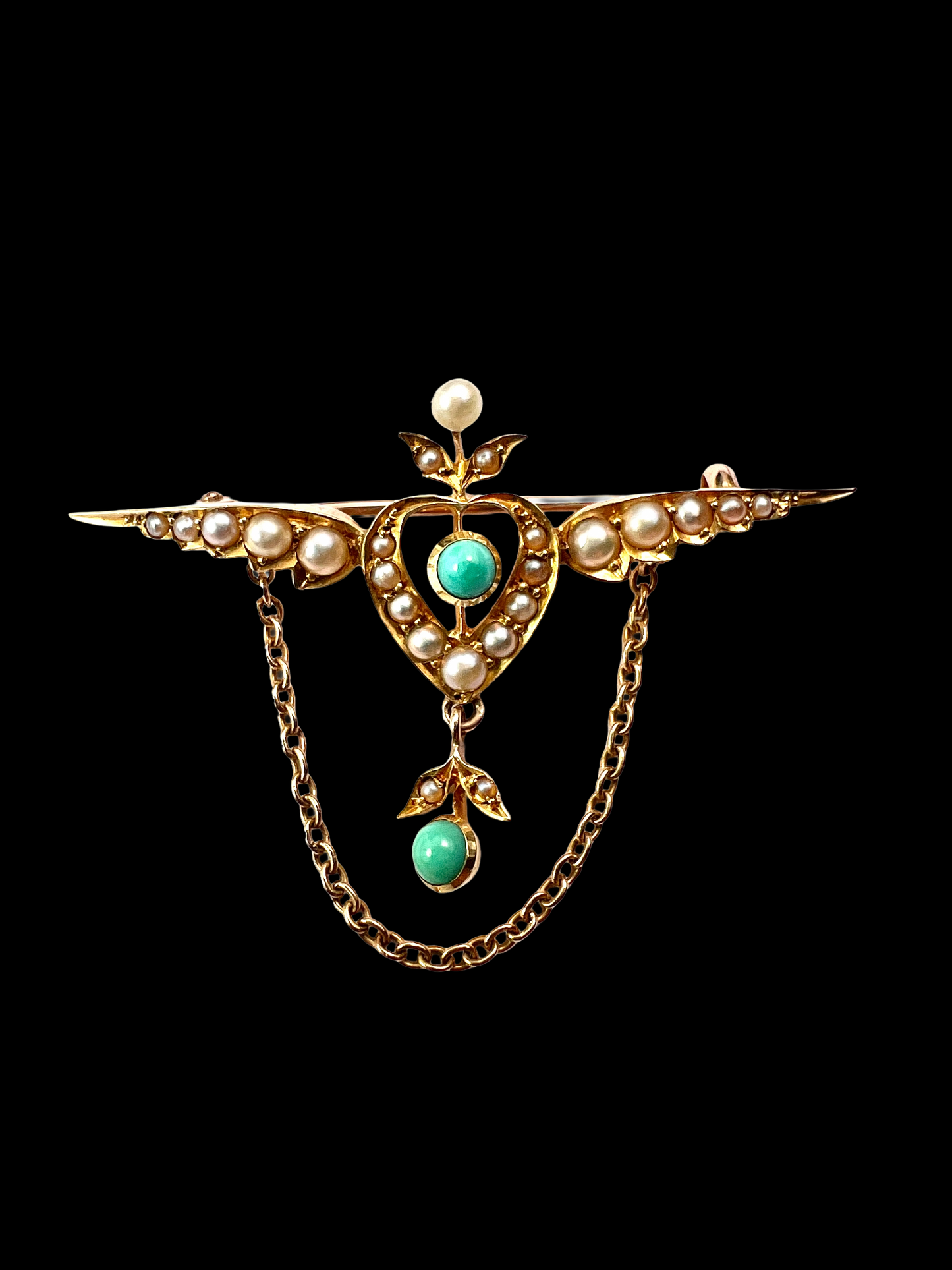 Edwardian 15CT Gold Turquoise Pearl Winged Heart Brooch