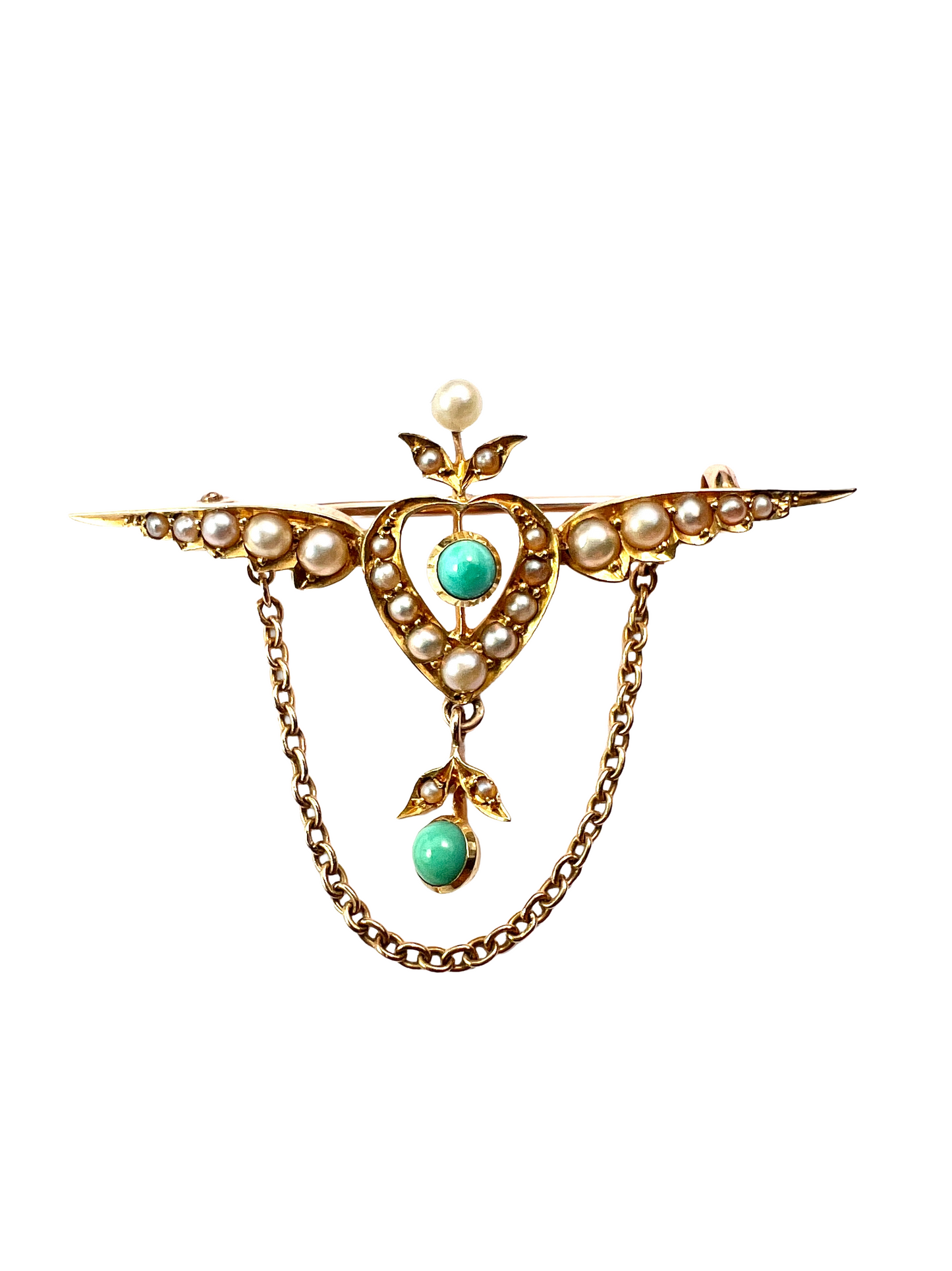 Edwardian 15CT Gold Turquoise Pearl Winged Heart Brooch