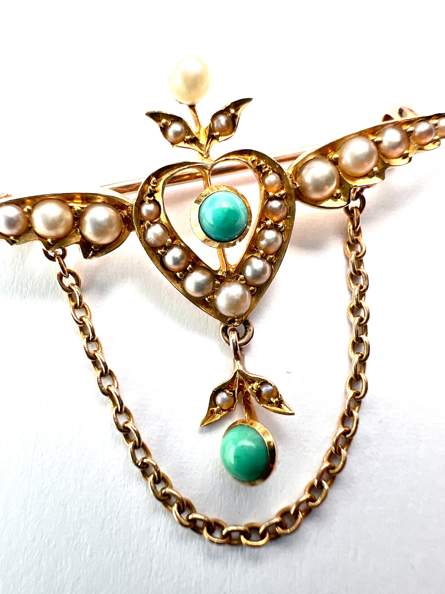 Edwardian 15CT Gold Turquoise Pearl Winged Heart Brooch