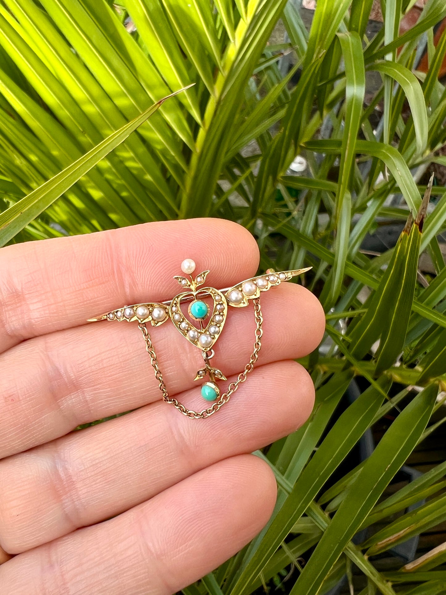 Edwardian 15CT Gold Turquoise Pearl Winged Heart Brooch