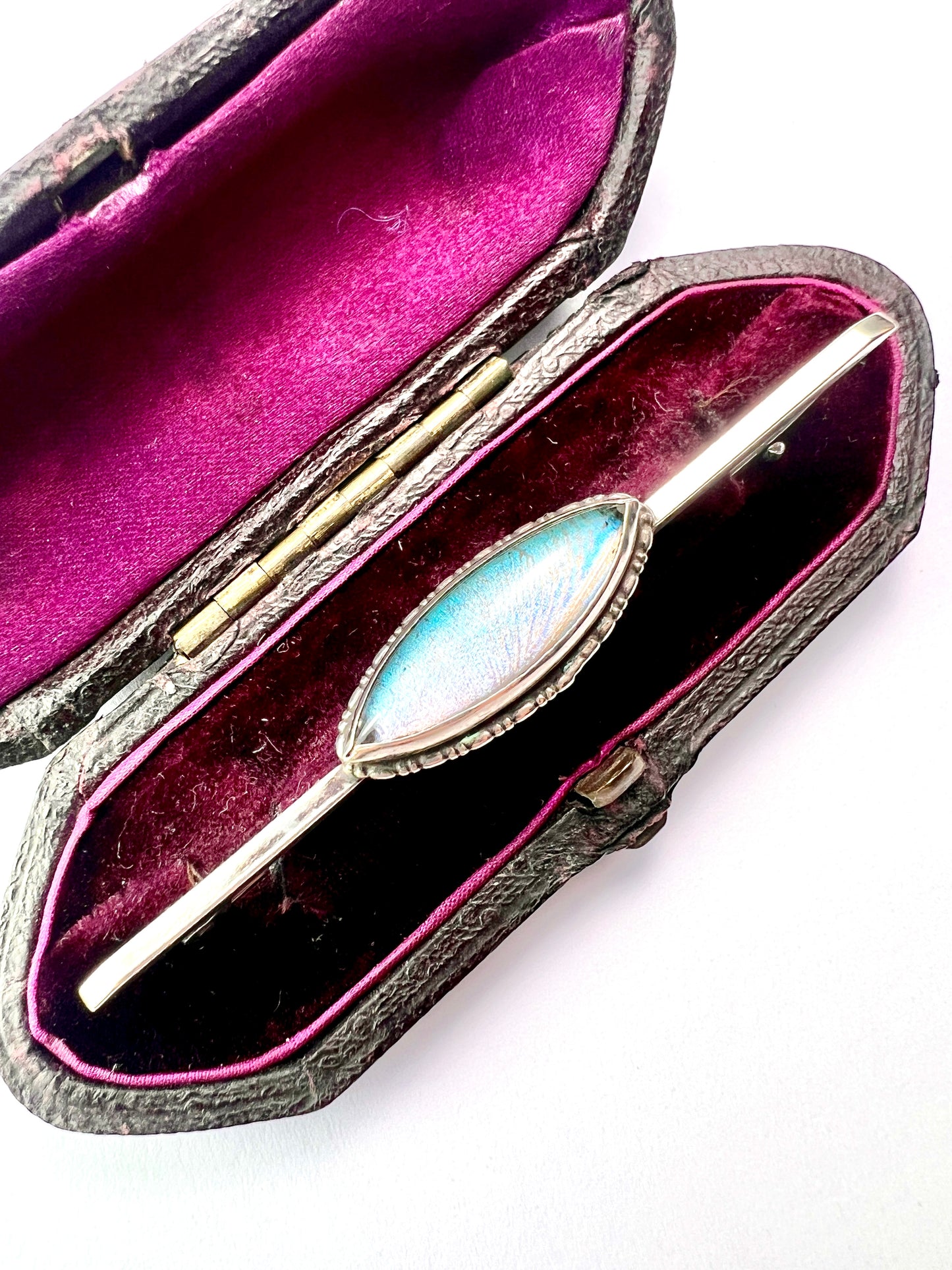 Art Deco Silver Genuine Butterfly Wing Bar Brooch Pin