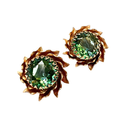 Large Vintage Aqua Crystal Golden Sunburst Earrings