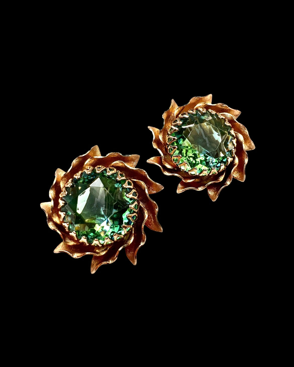 Large Vintage Aqua Crystal Golden Sunburst Earrings