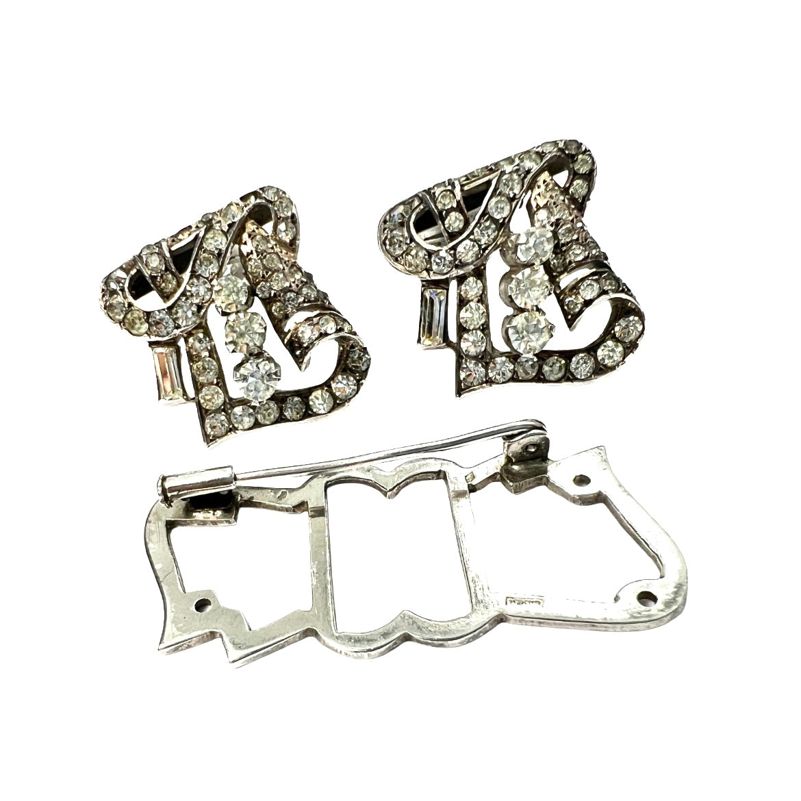 Art Deco French Silver Paste Duette Fur Clip Brooch