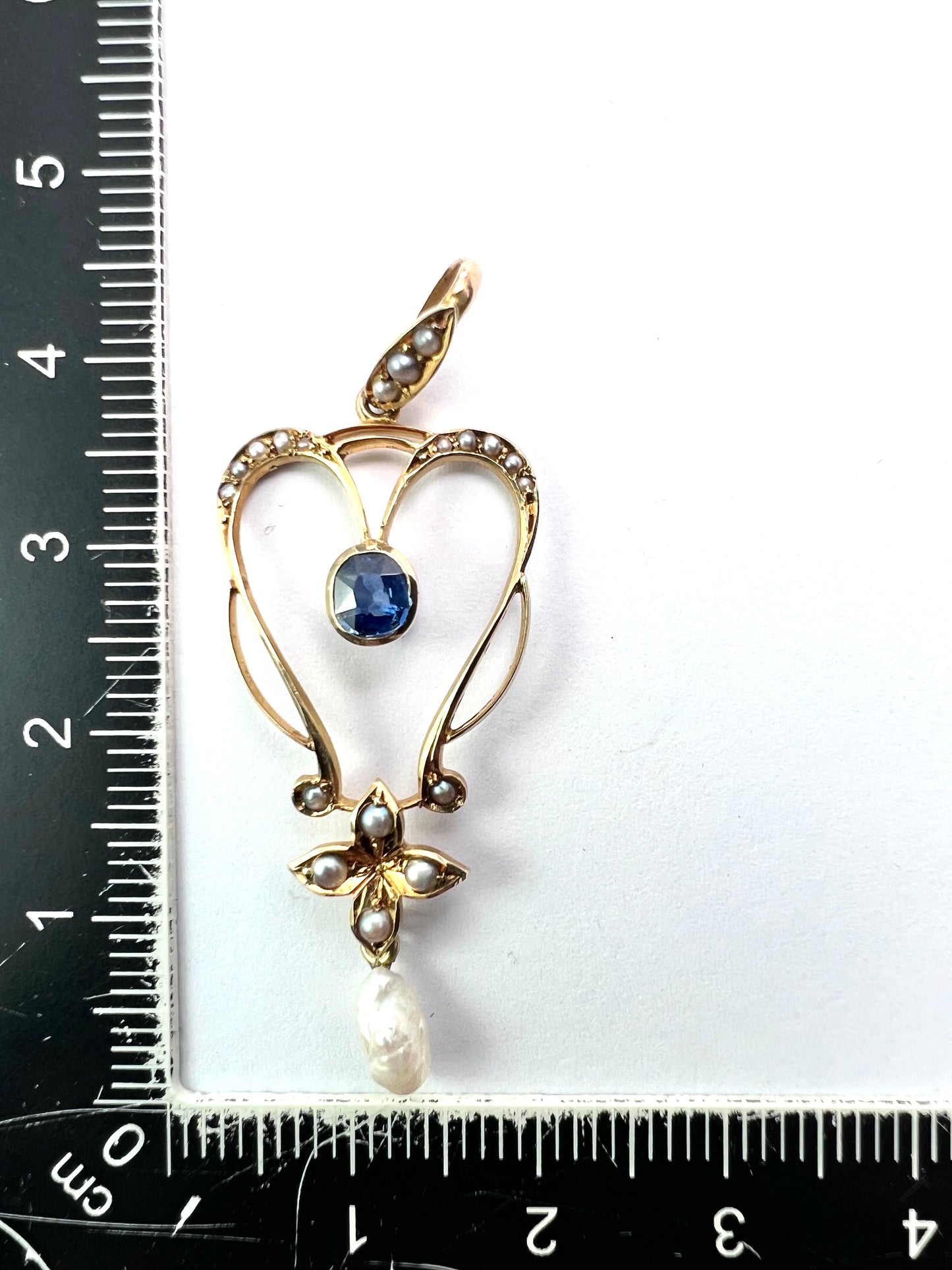 Art Nouveau 15CT Gold Sapphire Pearl Lavalier Pendant