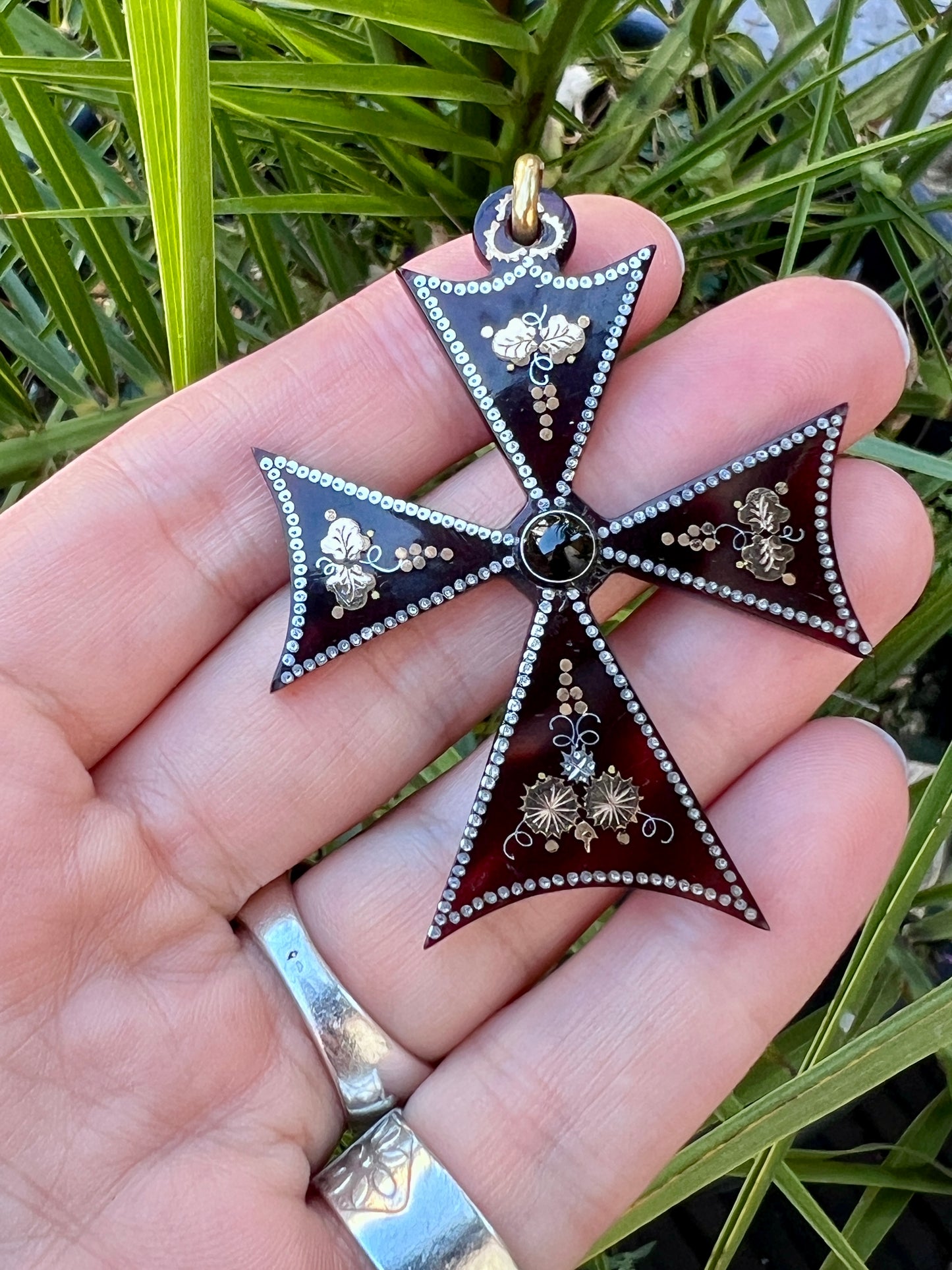 Rare Victorian Agate Gold and Silver Square Cross Pendant